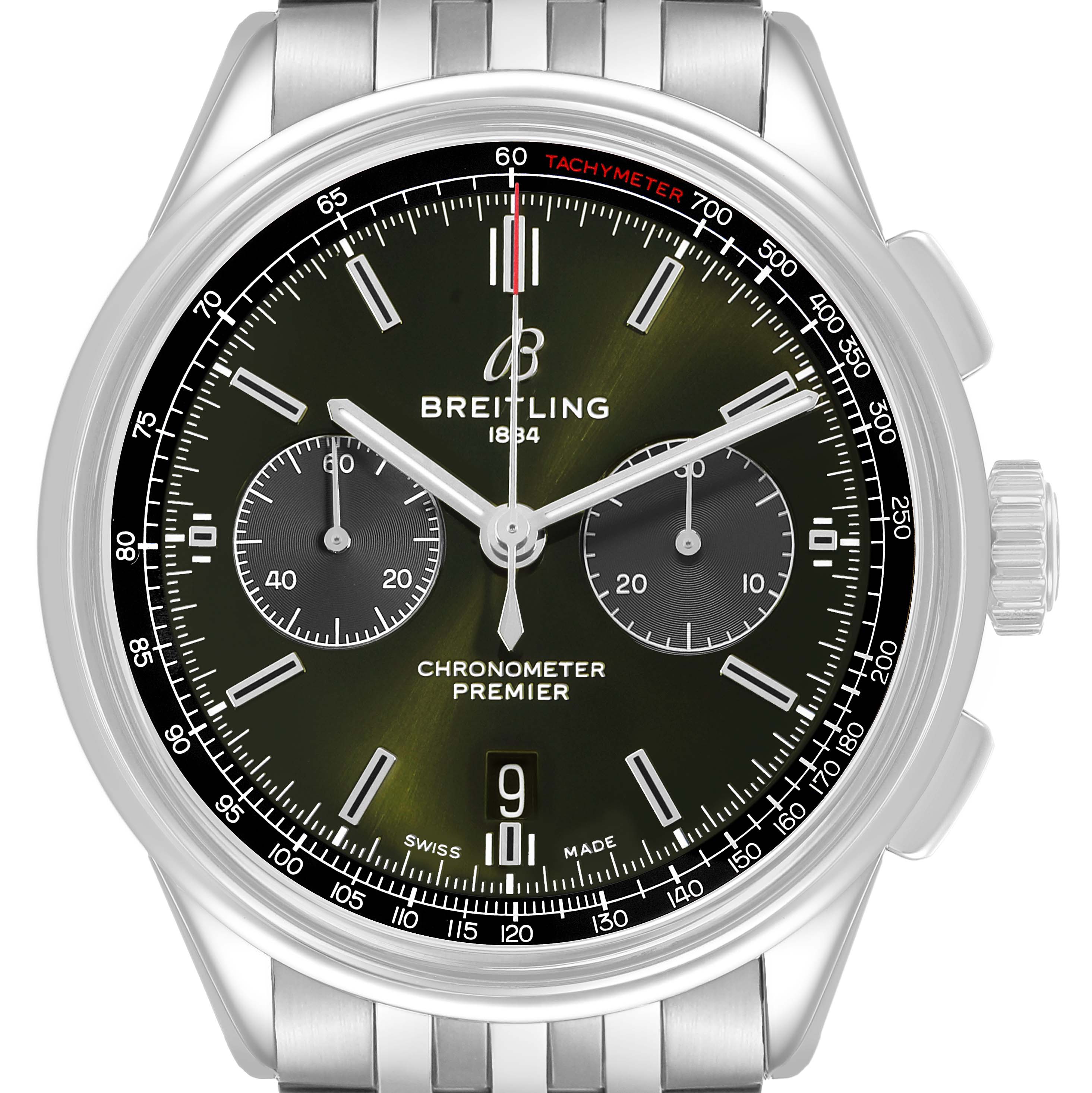 The Breitling Premier AB0118 Men's Stainless Steel Green Dial watch is shown from the front, displaying the dial, subdials, and part of the bracelet.