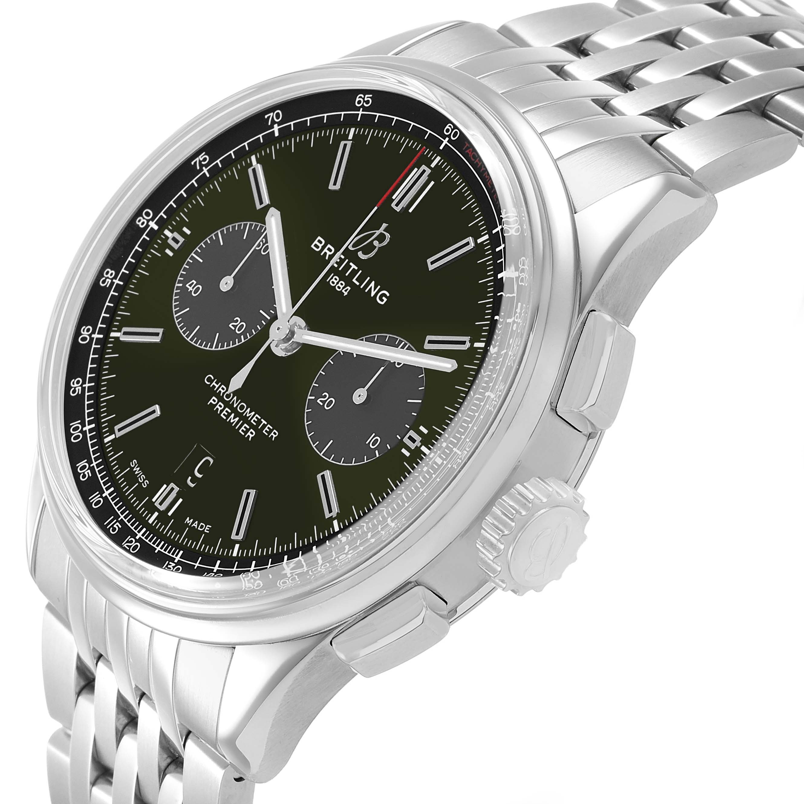 The Breitling Premier AB0118 Men's Stainless Steel Green Dial watch is shown at a slight angle, highlighting the face, crown, pushers, and bracelet.