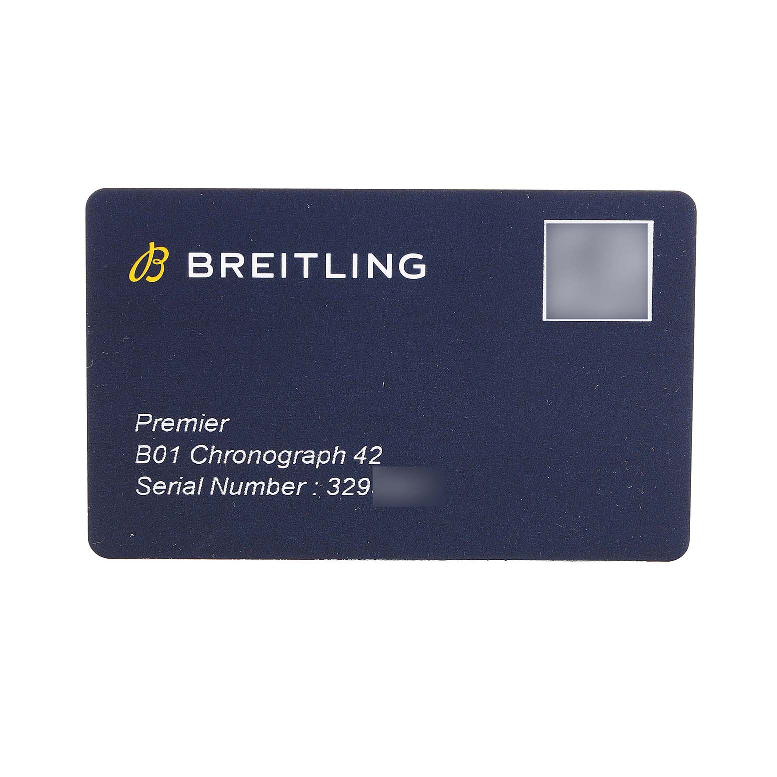The image shows a Breitling Premier AB0118 Men's Stainless Steel Green Dial B01 Chronograph 42 warranty card displaying model and serial information.