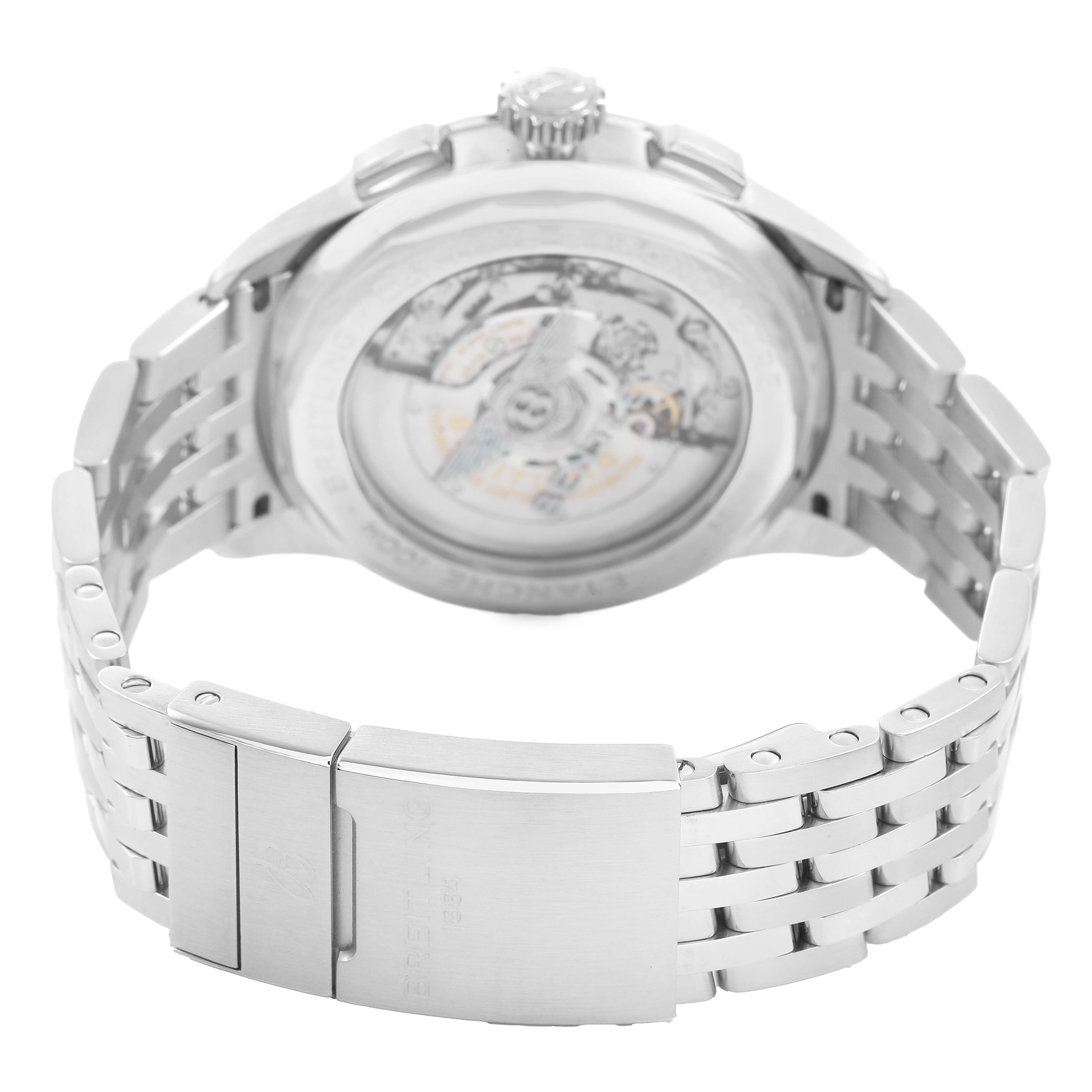 The Breitling Premier AB0118 Men's Stainless Steel Green Dial watch is shown from the back, displaying the transparent case back and metal bracelet.