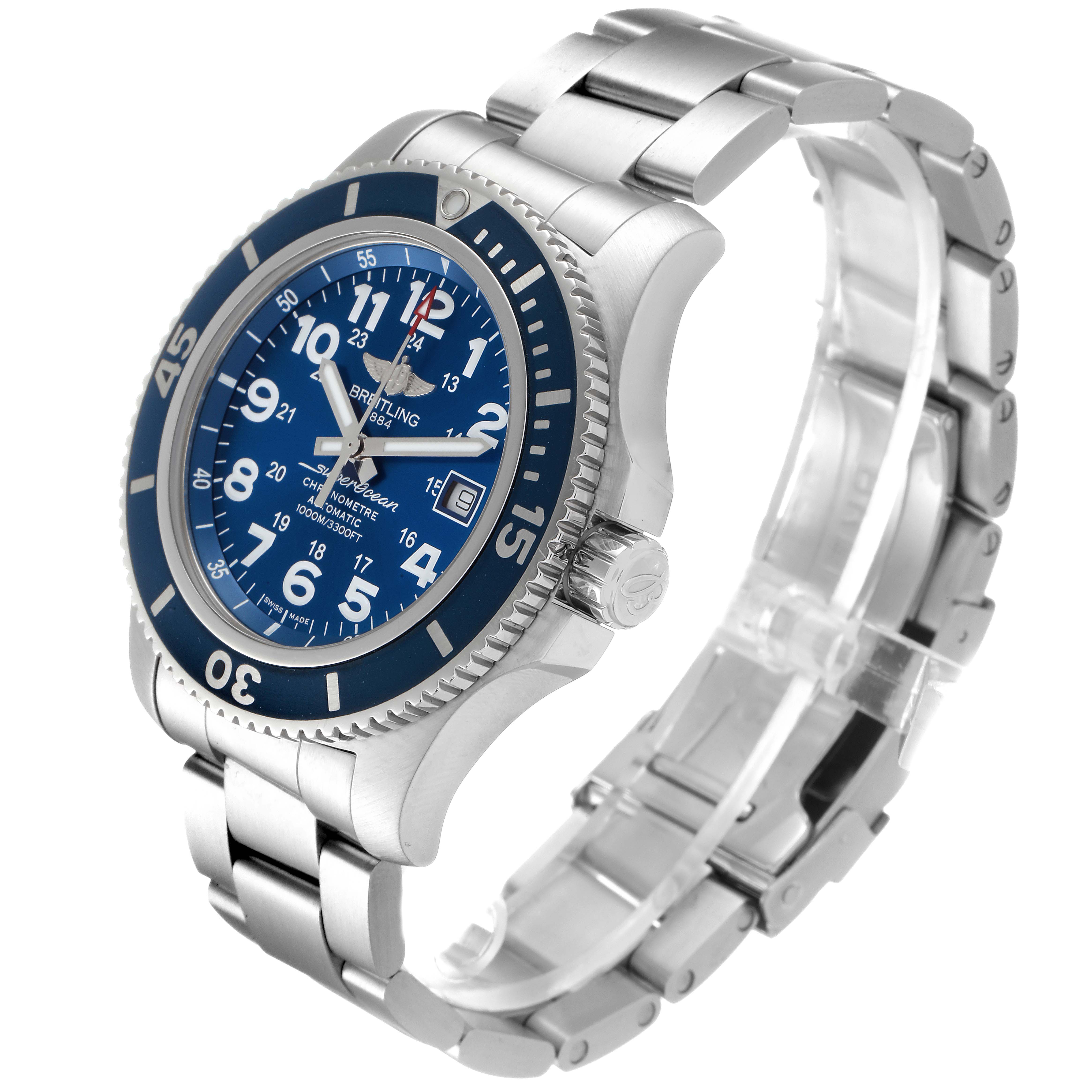 The Breitling Superocean A17392D8/C910 Men's Stainless Steel Blue Dial A17392D8/C910 Men's Stainless Steel Blue Dial watch is shown from a three-quarter angle, highlighting the face, bezel, crown, and bracelet.