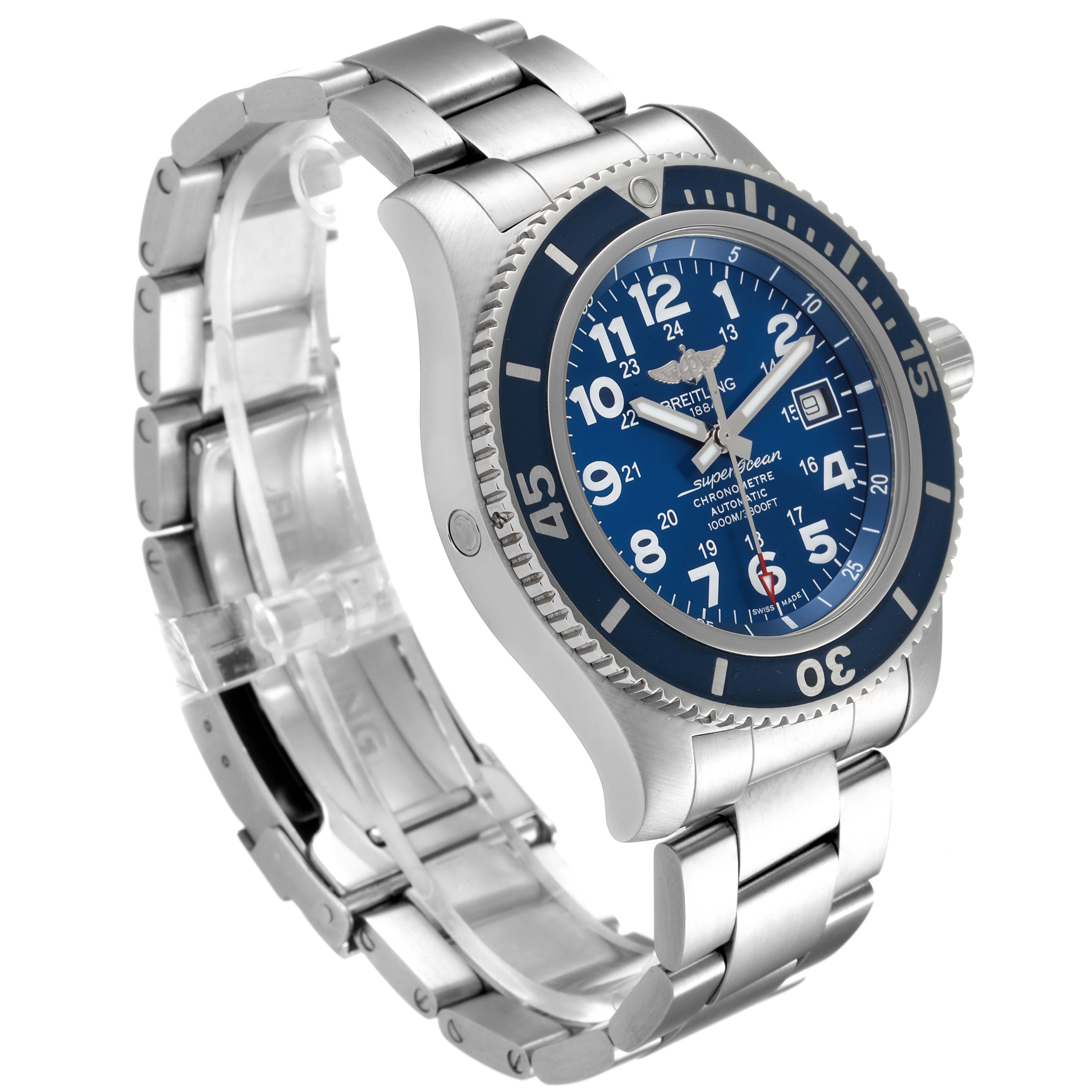 The image shows a side-angle view of a Breitling Superocean A17392D8/C910 Men's Stainless Steel Blue Dial A17392D8/C910 Men's Stainless Steel Blue Dial watch, featuring its blue dial and silver bracelet.