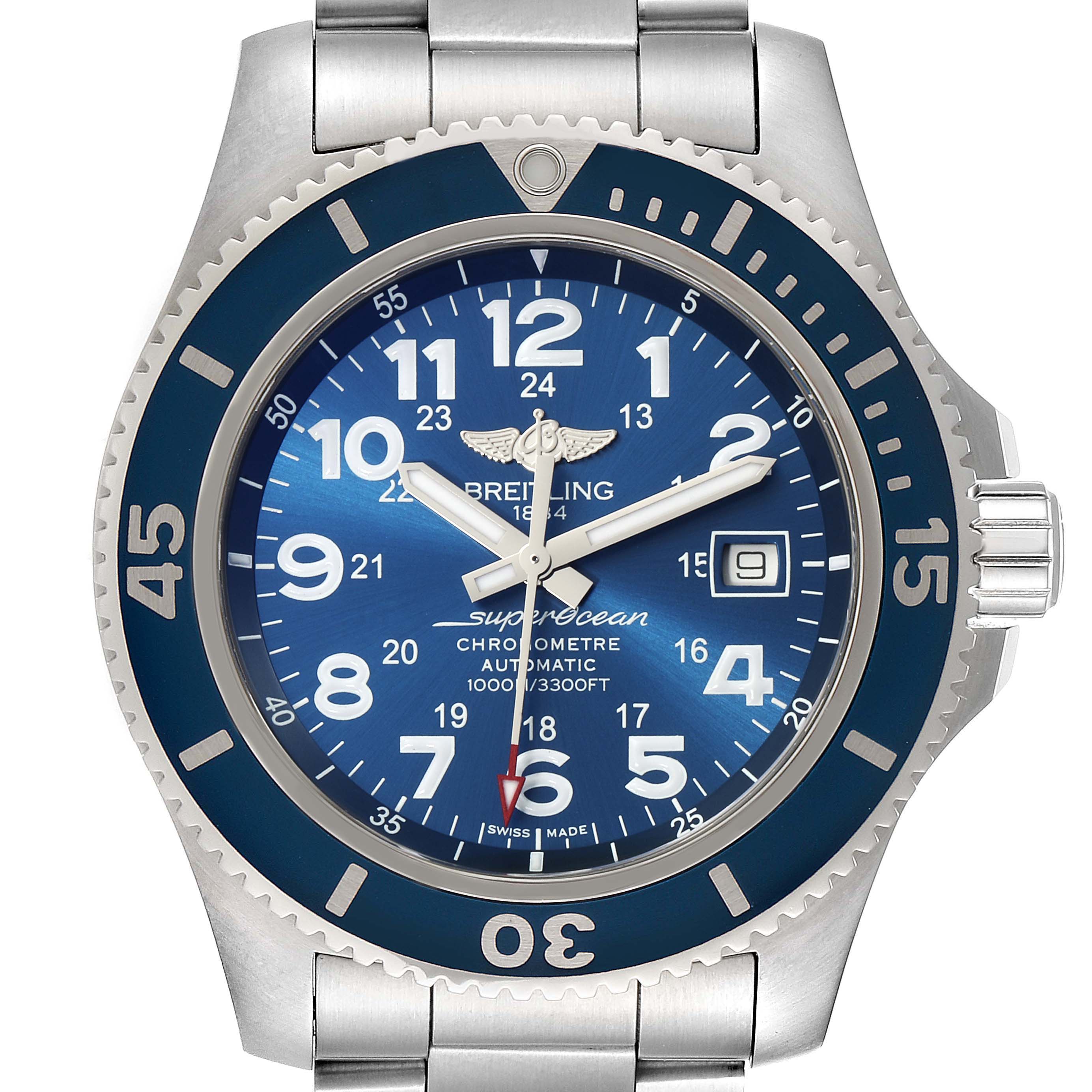 This image shows a frontal view of a Breitling Superocean A17392D8/C910 Men's Stainless Steel Blue Dial A17392D8/C910 Men's Stainless Steel Blue Dial watch, displaying its face, bezel, and part of the stainless steel band.