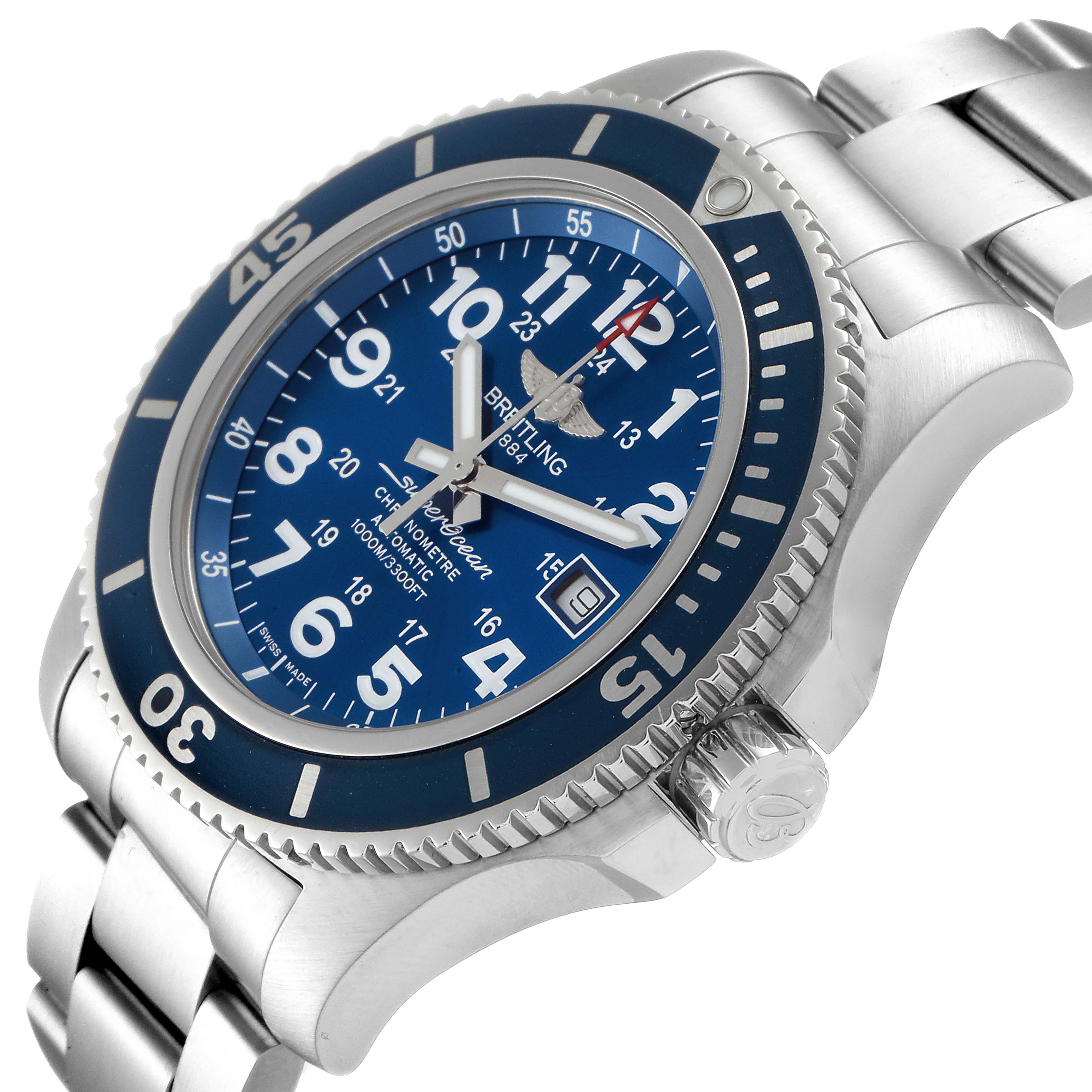 The Breitling Superocean A17392D8/C910 Men's Stainless Steel Blue Dial A17392D8/C910 Men's Stainless Steel Blue Dial watch is shown at an angled side view, highlighting the blue dial, bezel, crown, and stainless steel bracelet.