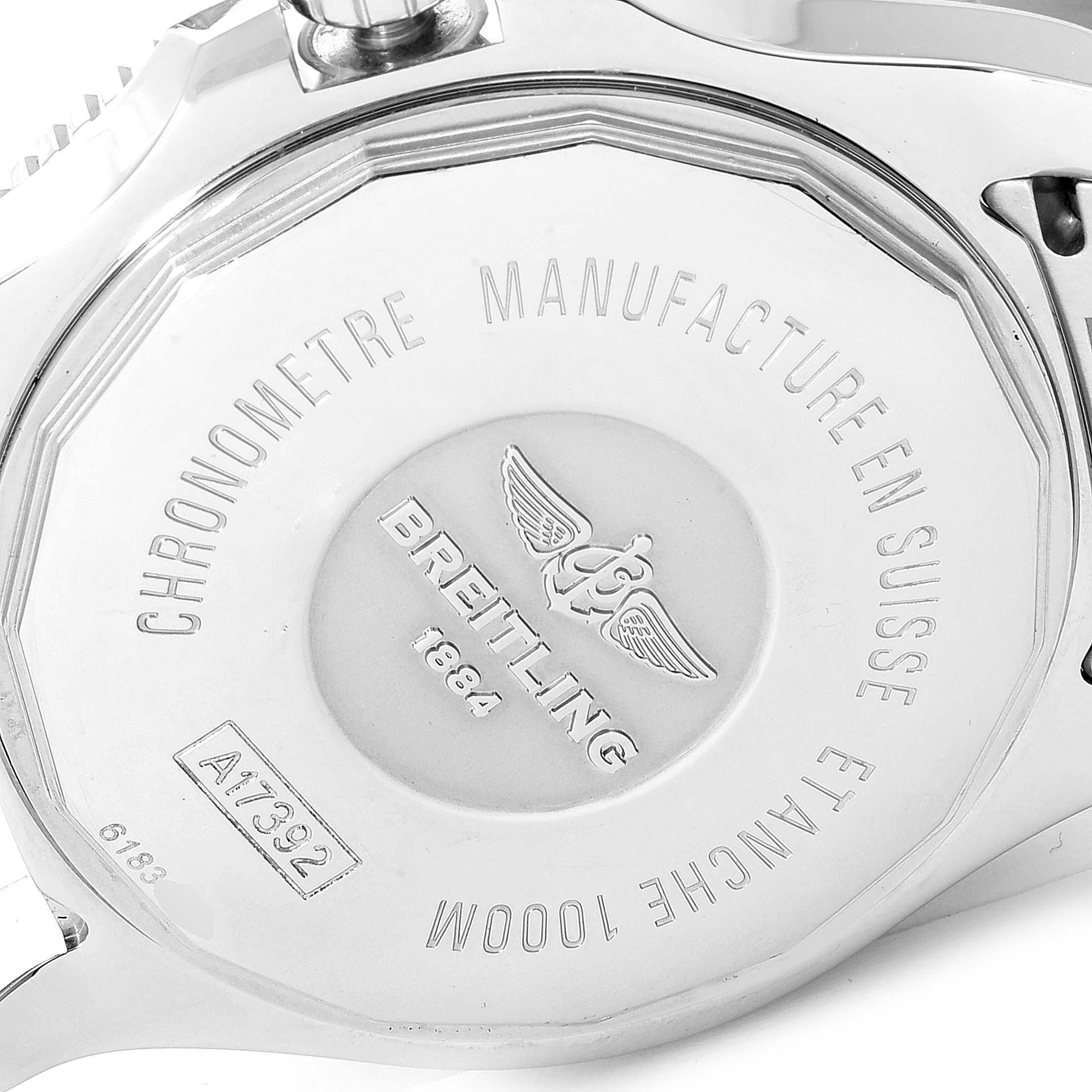 This image shows the case back of a Breitling Superocean A17392D8/C910 Men's Stainless Steel Blue Dial A17392D8/C910 Men's Stainless Steel Blue Dial watch, featuring detailed engravings and logos.