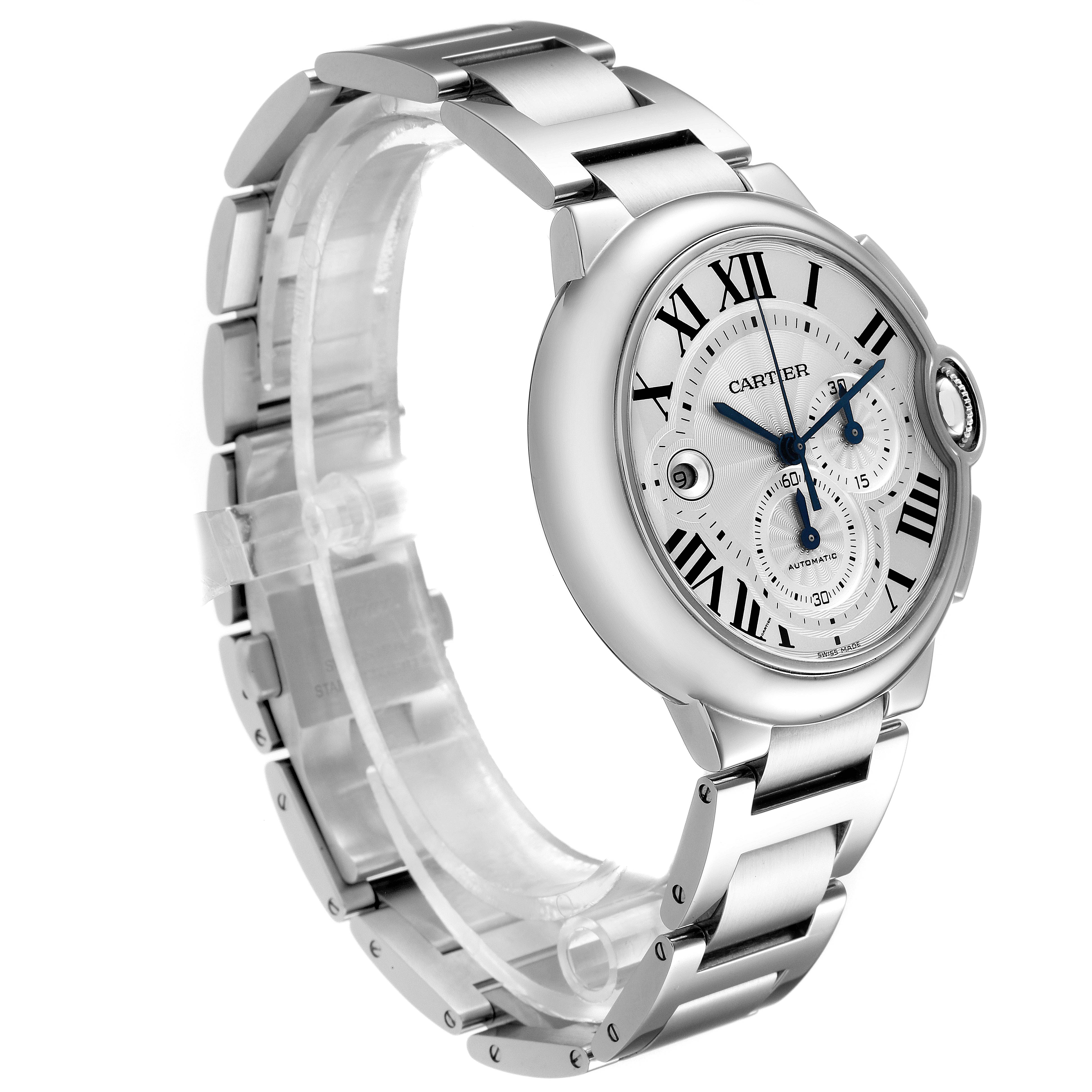 The image shows a Cartier Ballon Bleu W6920076 Men
s Stainless Steel Silver Dial W6920076 Men
s Stainless Steel Silver Dial watch angled to reveal the dial, case, and bracelet.