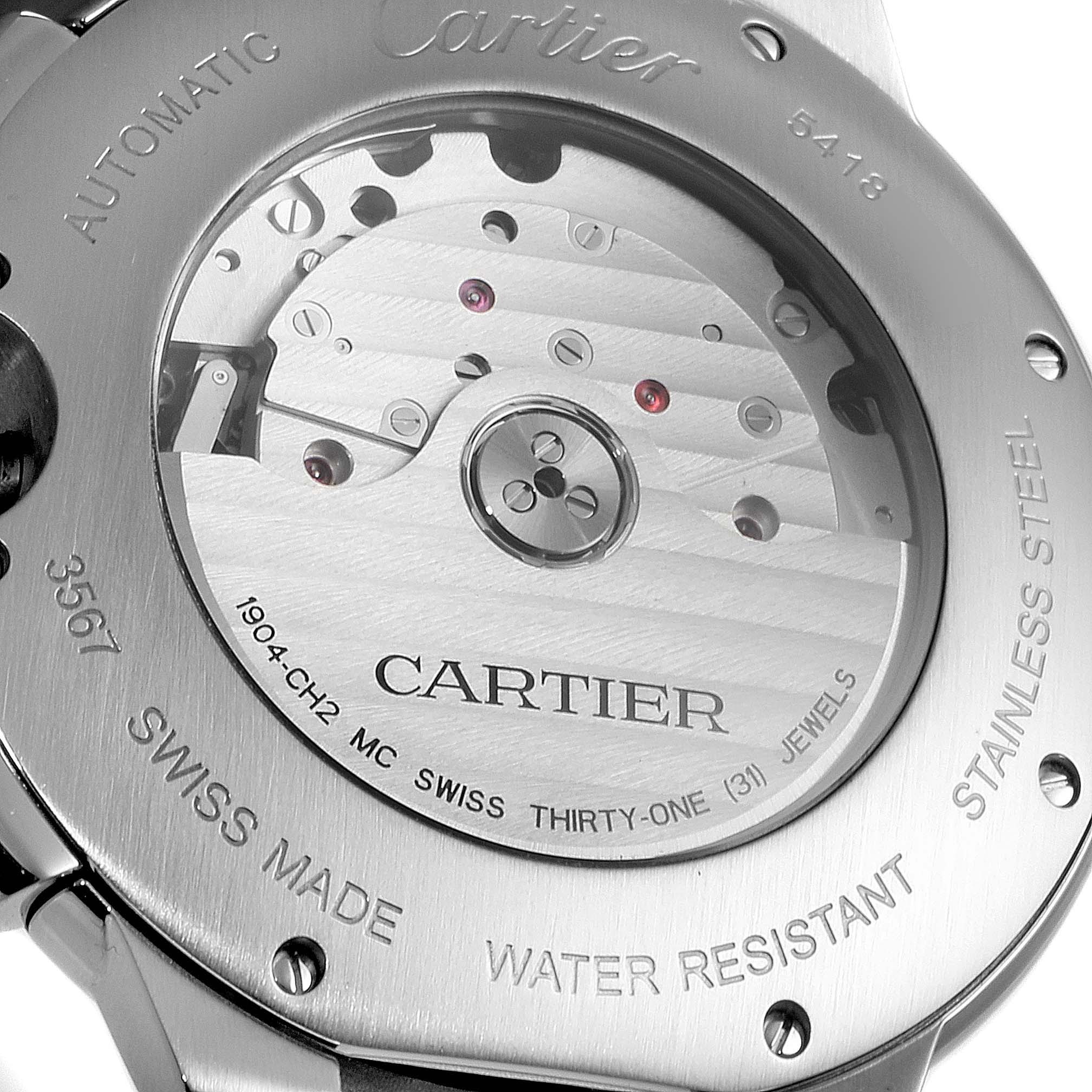 The image shows the back of a Cartier Ballon Bleu W6920076 Men
s Stainless Steel Silver Dial W6920076 Men
s Stainless Steel Silver Dial watch, featuring its stainless steel case and visible automatic movement.