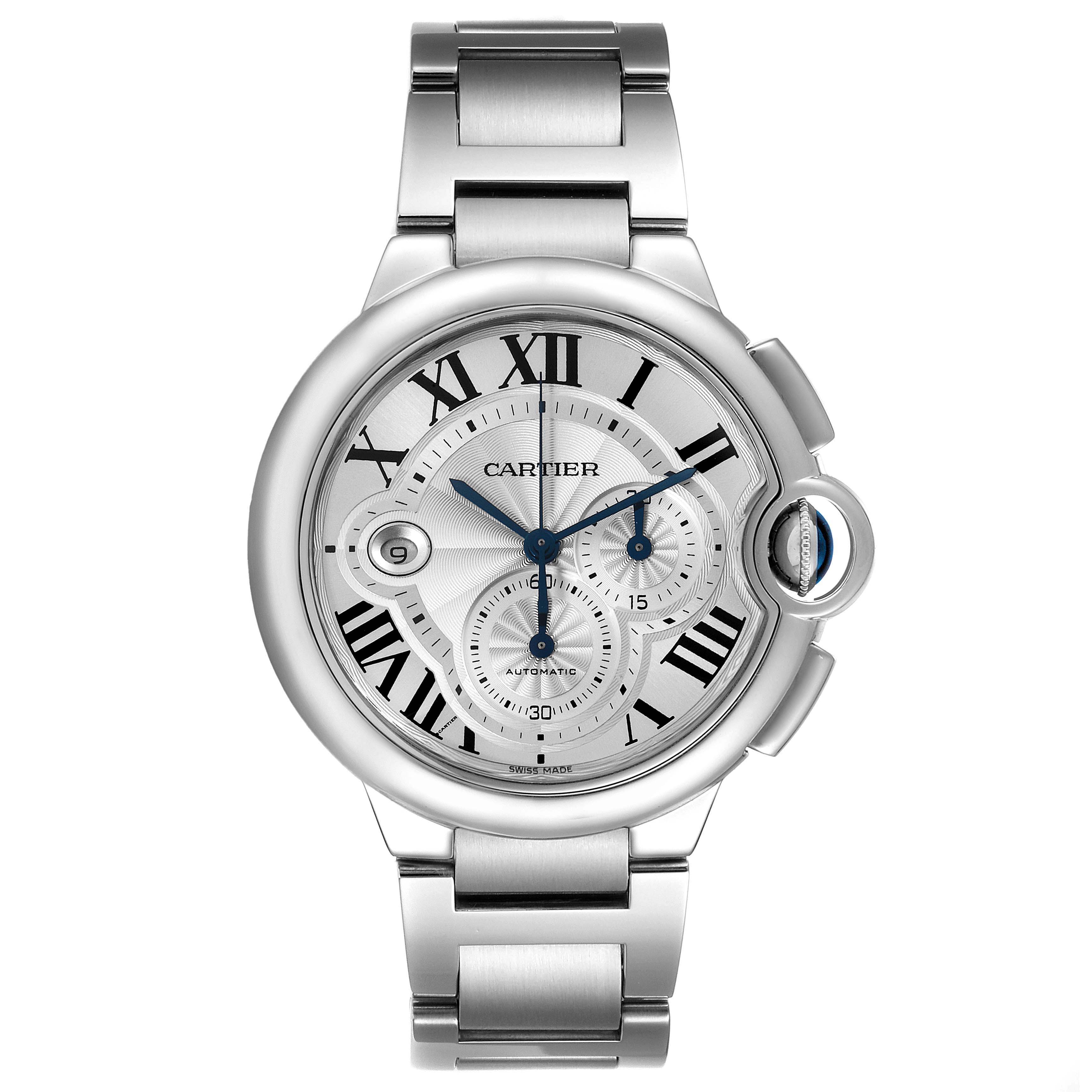 The image shows a front view of the Ballon Bleu by Cartier, displaying its face, bracelet, and crown.