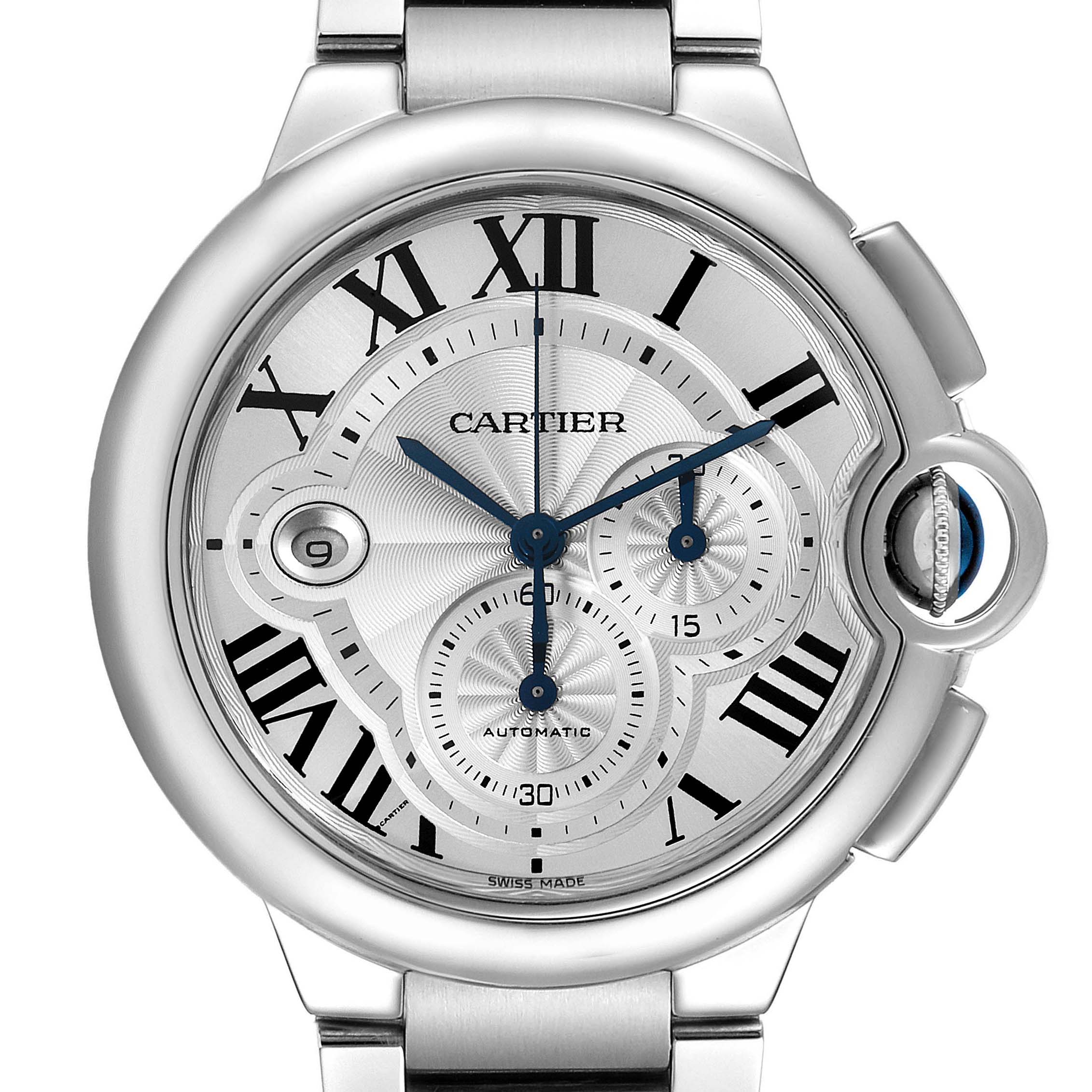 The image shows a close-up of the Cartier Ballon Bleu W6920076 Men
s Stainless Steel Silver Dial W6920076 Men
s Stainless Steel Silver Dial watch, highlighting its face, dial, and crown.