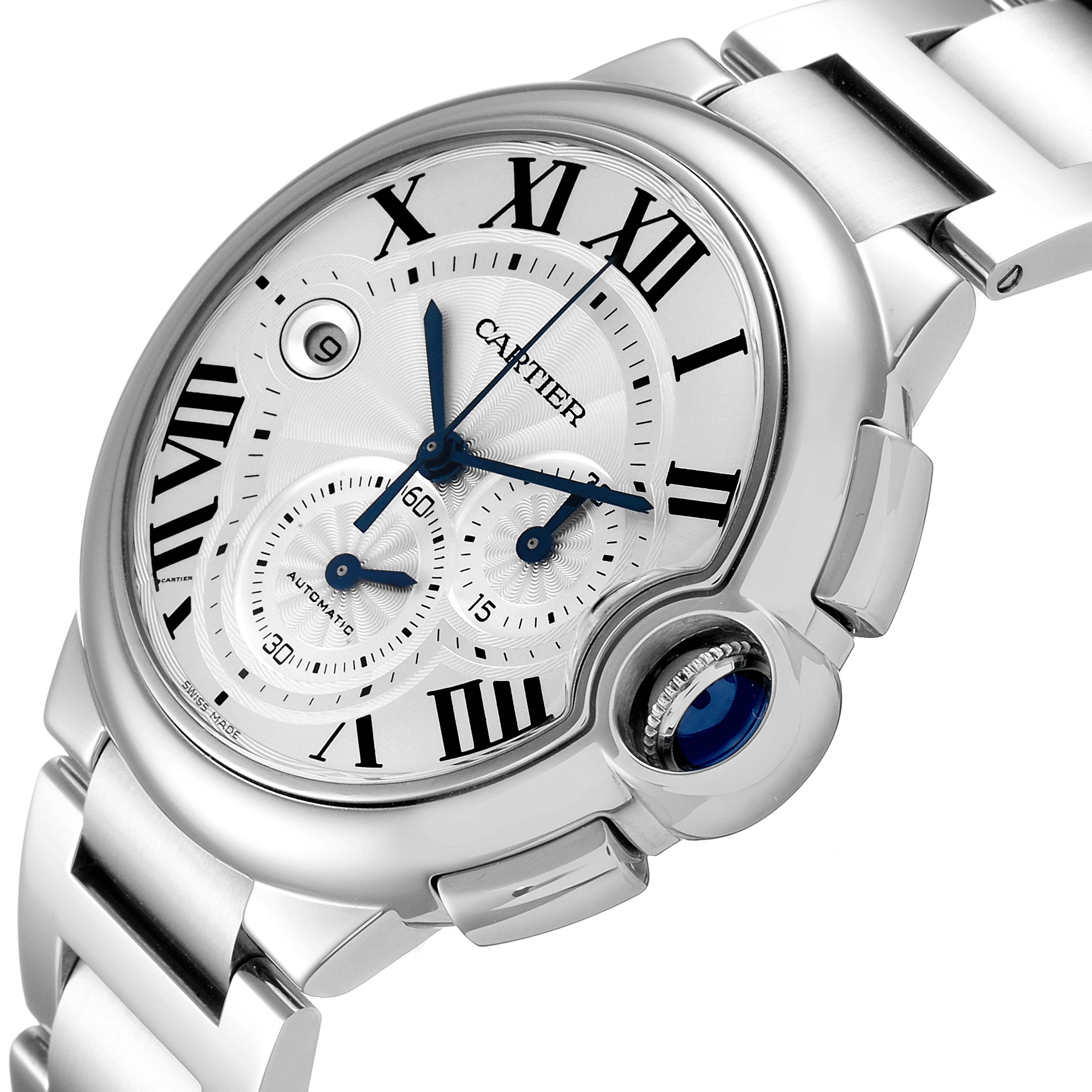 The image shows a close-up of the face and bracelet of a Cartier Ballon Bleu W6920076 Men
s Stainless Steel Silver Dial W6920076 Men
s Stainless Steel Silver Dial watch at an angle.