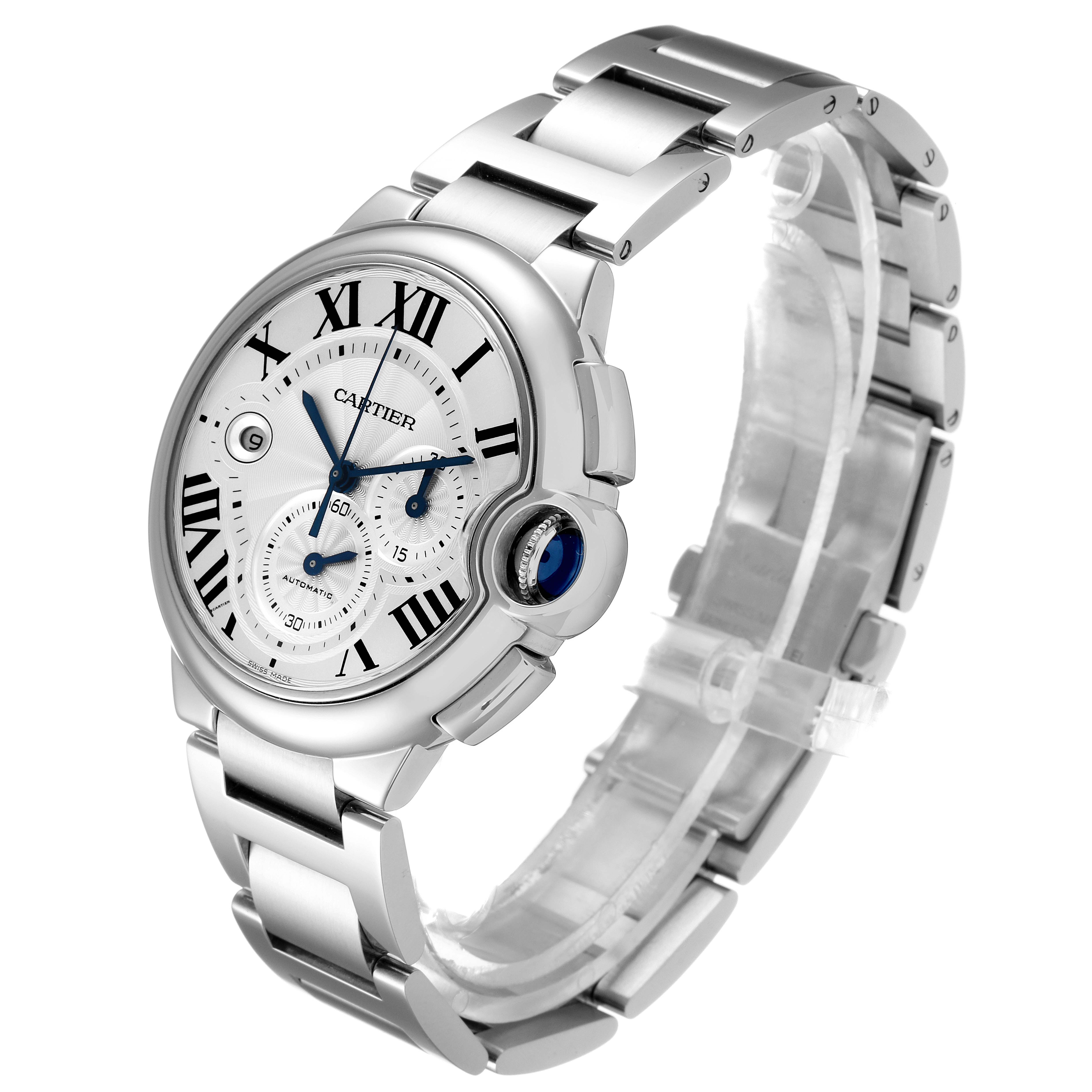 The image shows a Ballon Bleu model by Cartier from an angled view, displaying the watch face, bracelet, and crown.