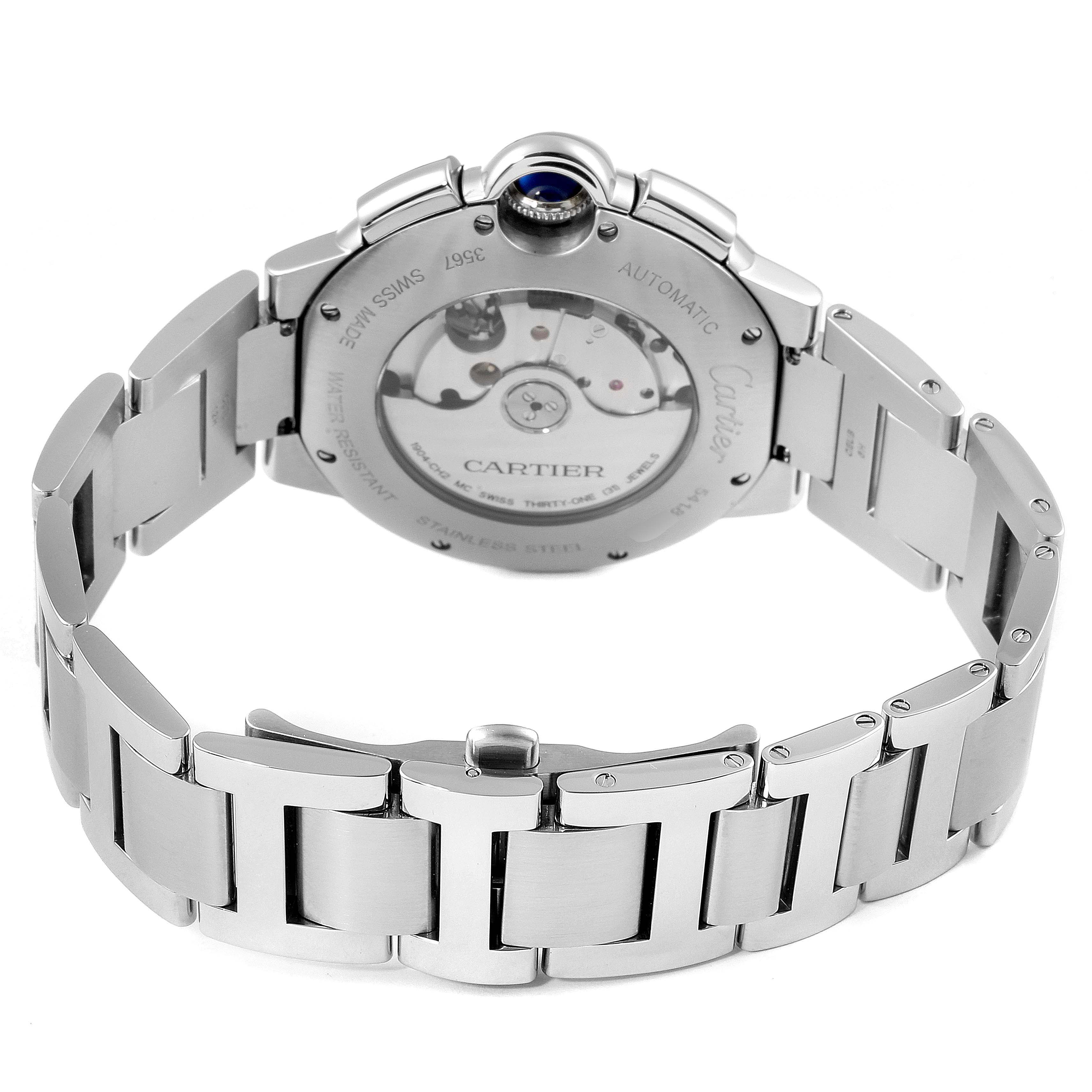 The image shows the back view of a Cartier Ballon Bleu W6920076 Men
s Stainless Steel Silver Dial W6920076 Men
s Stainless Steel Silver Dial watch, highlighting its stainless steel bracelet and exposed mechanism.