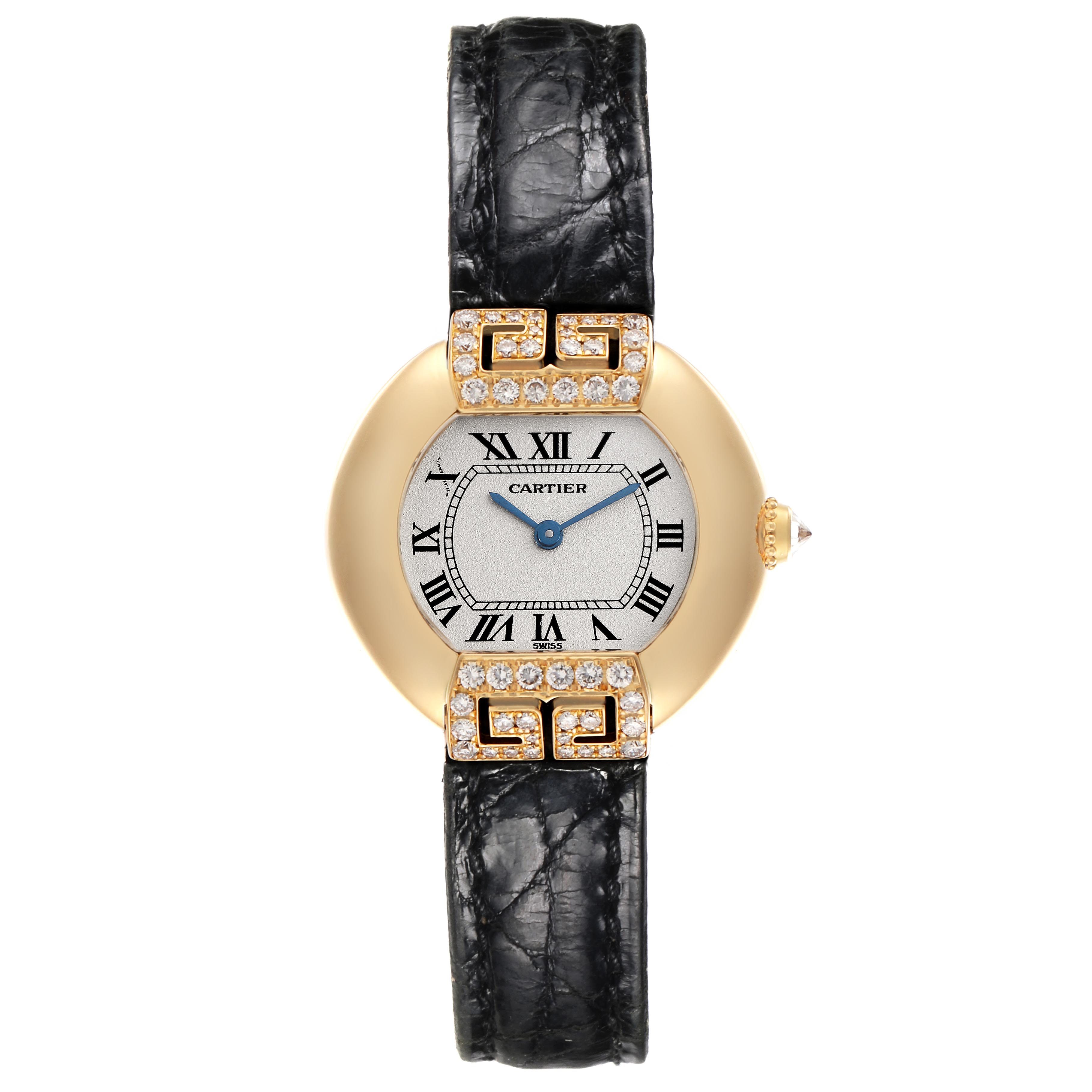The Cartier Tortue WB600851 Women
s Yellow Gold Silver Dial WB600851 Women
s Yellow Gold Silver Dial watch is shown from a front angle, displaying its face, strap, and detailed embellishments.