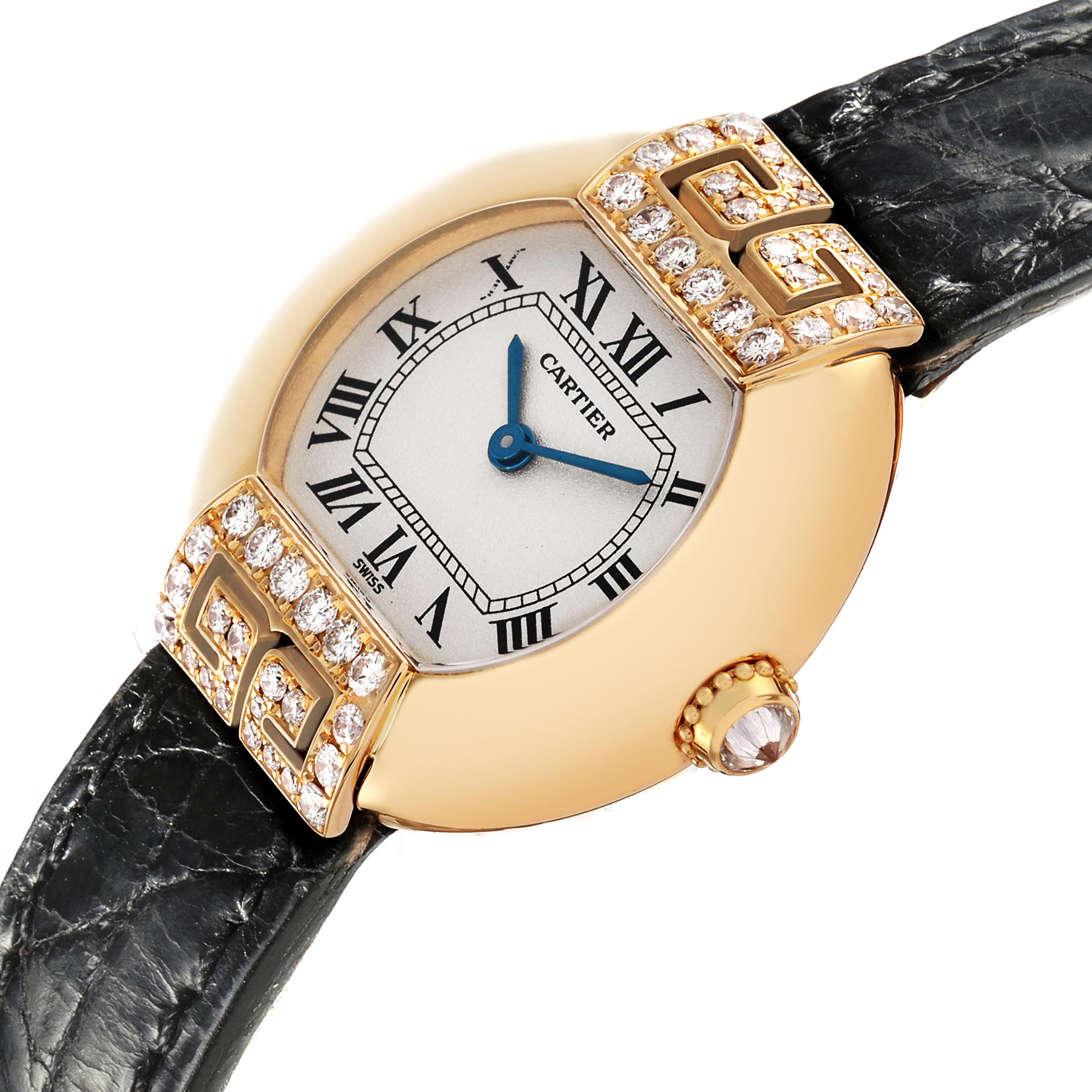 The Cartier Tortue WB600851 Women
s Yellow Gold Silver Dial WB600851 Women
s Yellow Gold Silver Dial watch is shown from a top-front angle, highlighting its diamond-encrusted case and sleek black strap.