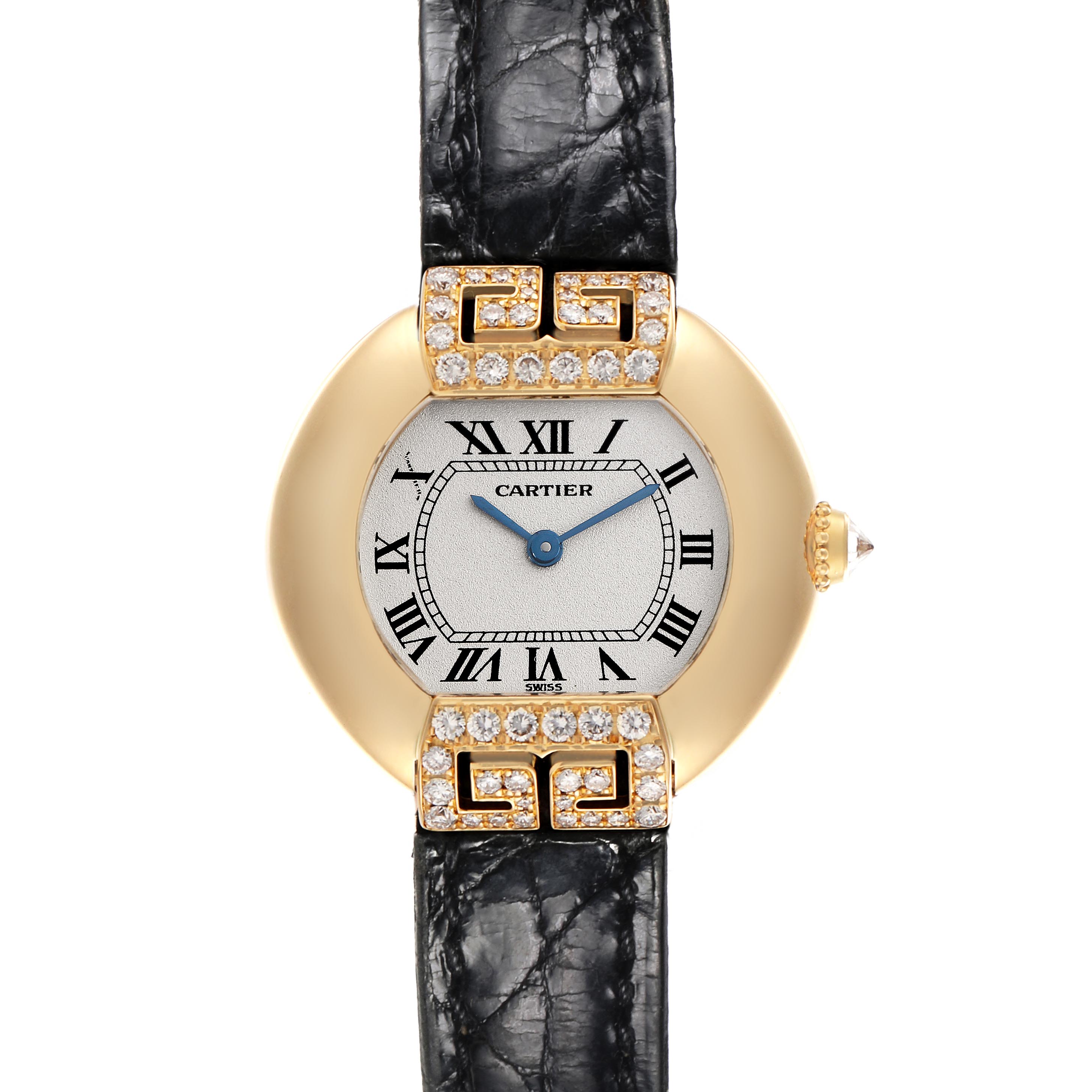 The Cartier Tortue WB600851 Women
s Yellow Gold Silver Dial WB600851 Women
s Yellow Gold Silver Dial watch is shown from a top-down angle, displaying the dial, case, and leather strap.