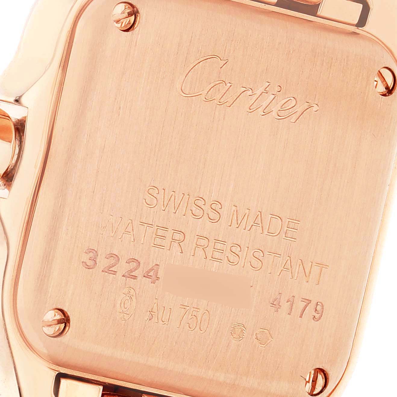 The image shows the back of a Cartier Panthere WGPN0006 Women's Rose Gold Silver Dial WGPN0006 Women's Rose Gold Silver Dial watch, highlighting its inscriptions and screws.
