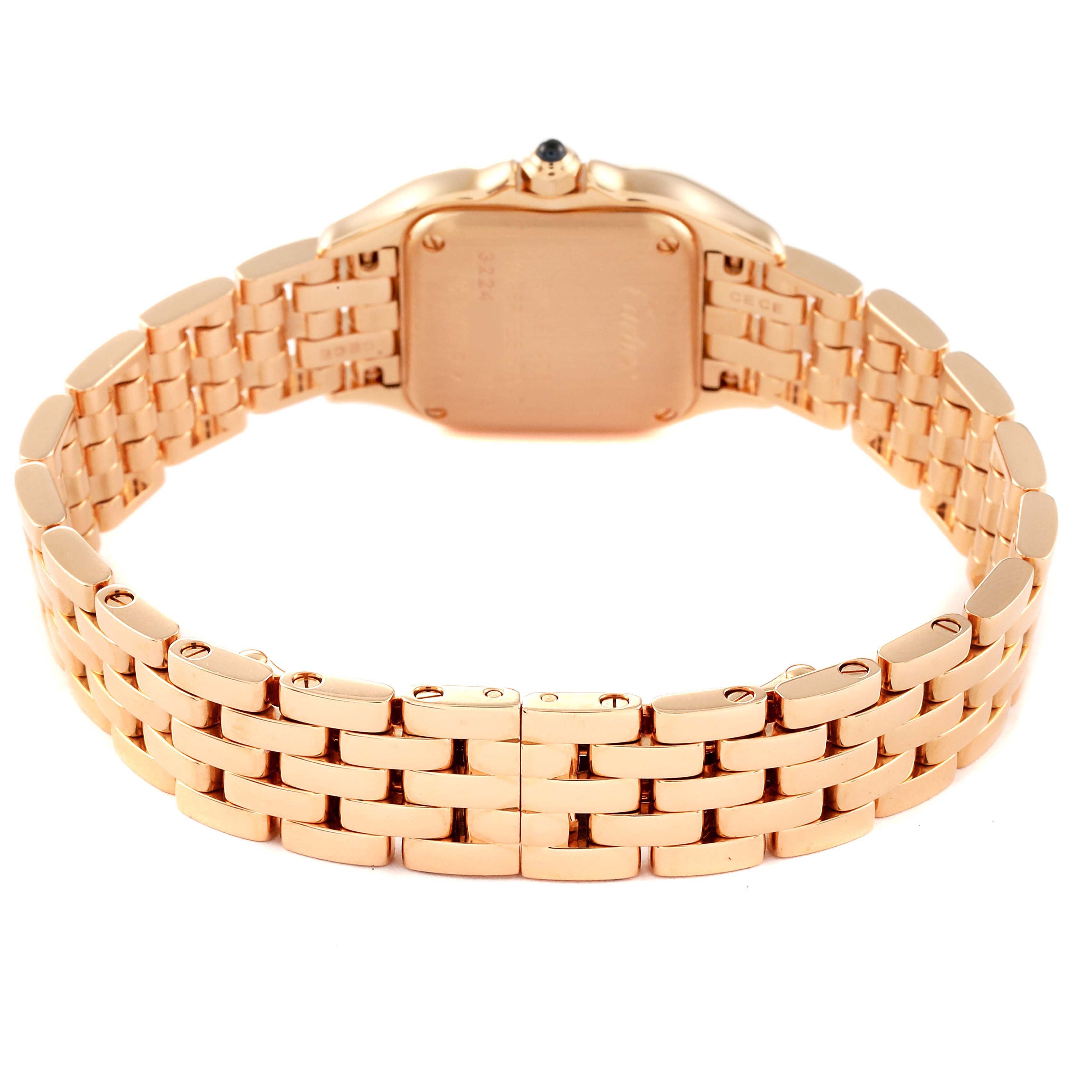 The image shows the back view of a Cartier Panthere WGPN0006 Women's Rose Gold Silver Dial WGPN0006 Women's Rose Gold Silver Dial watch, highlighting its rose gold bracelet and case back.