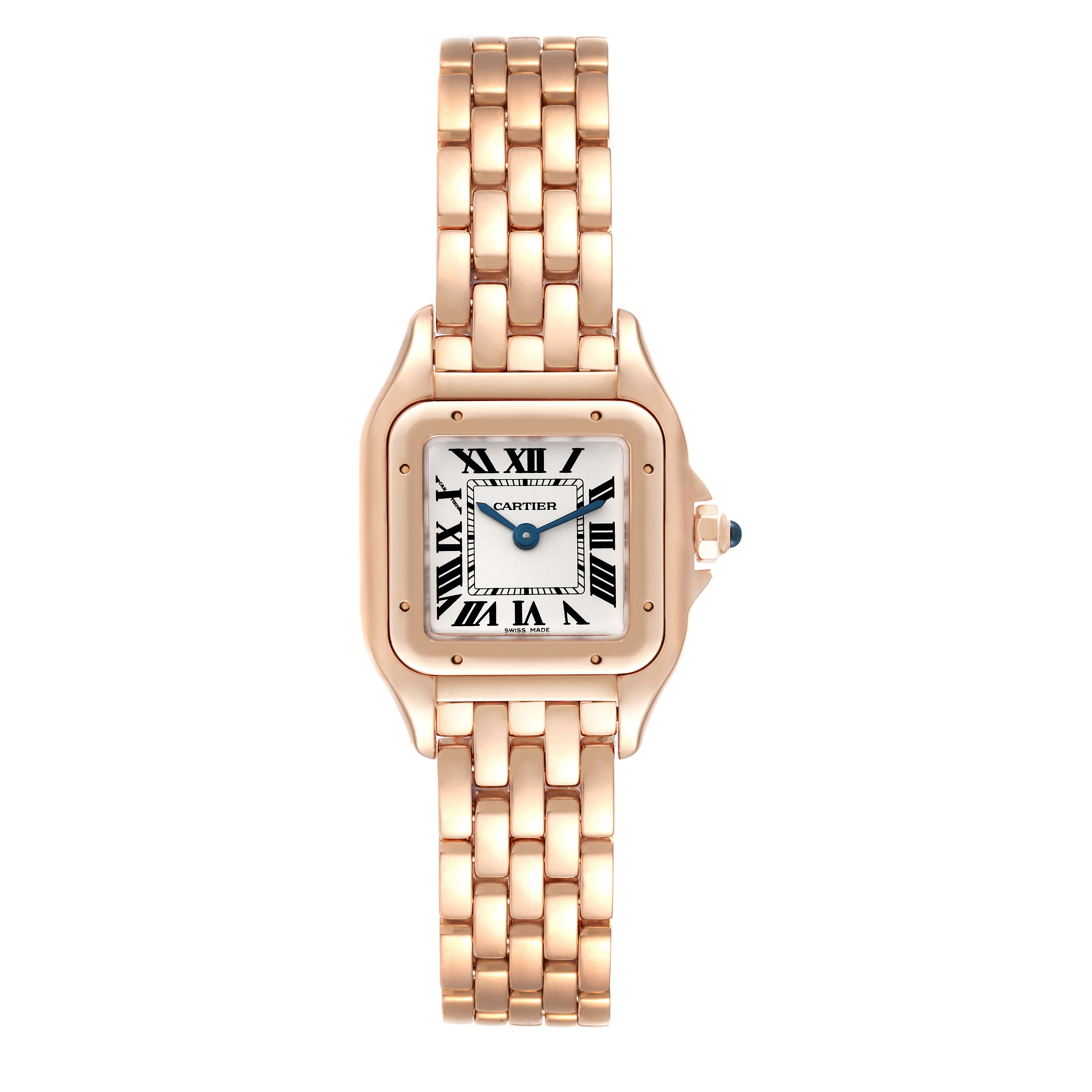 The image shows a Panthere model by Cartier from a top-down angle, highlighting its face and bracelet.