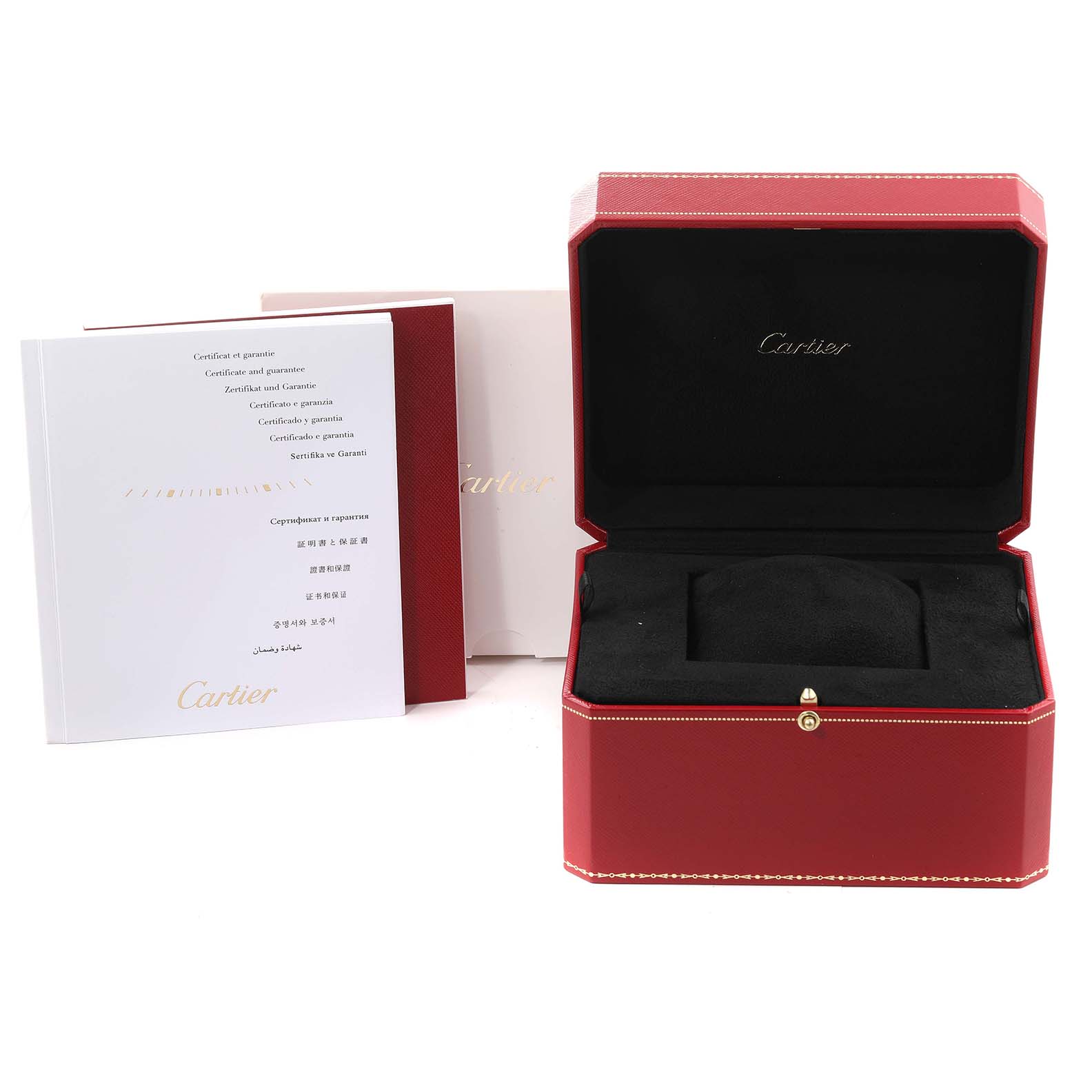 The image shows a red Cartier Panthere WGPN0006 Women's Rose Gold Silver Dial WGPN0006 Women's Rose Gold Silver Dial watch box and warranty booklets from a front angle.