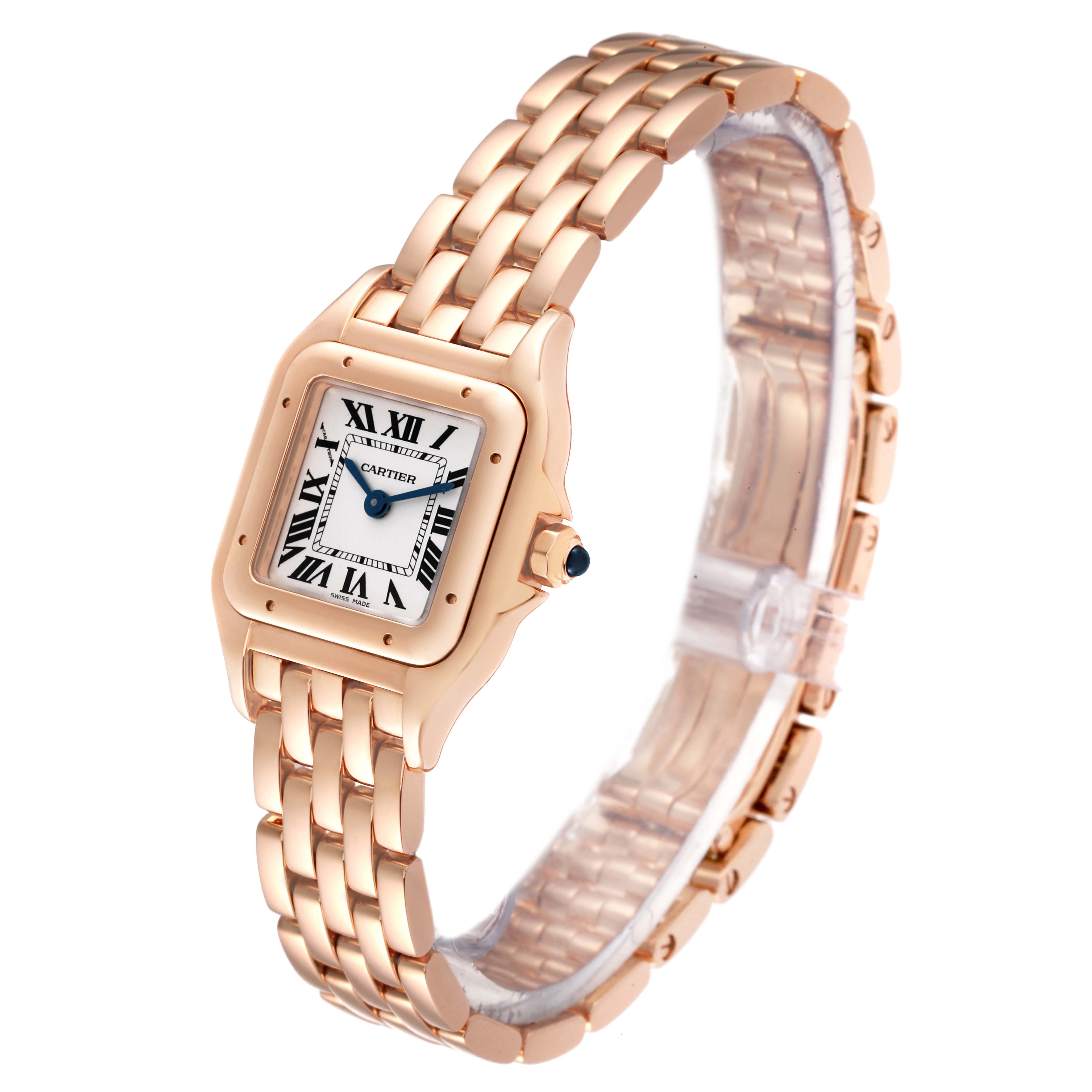 The image shows a Cartier Panthere WGPN0006 Women's Rose Gold Silver Dial WGPN0006 Women's Rose Gold Silver Dial watch angled slightly to display the face, bezel, and bracelet.