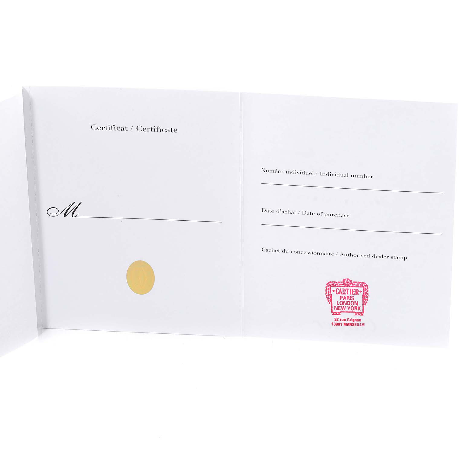 The image shows an open warranty and certification booklet for the Cartier Panthere WGPN0006 Women's Rose Gold Silver Dial WGPN0006 Women's Rose Gold Silver Dial model watch.