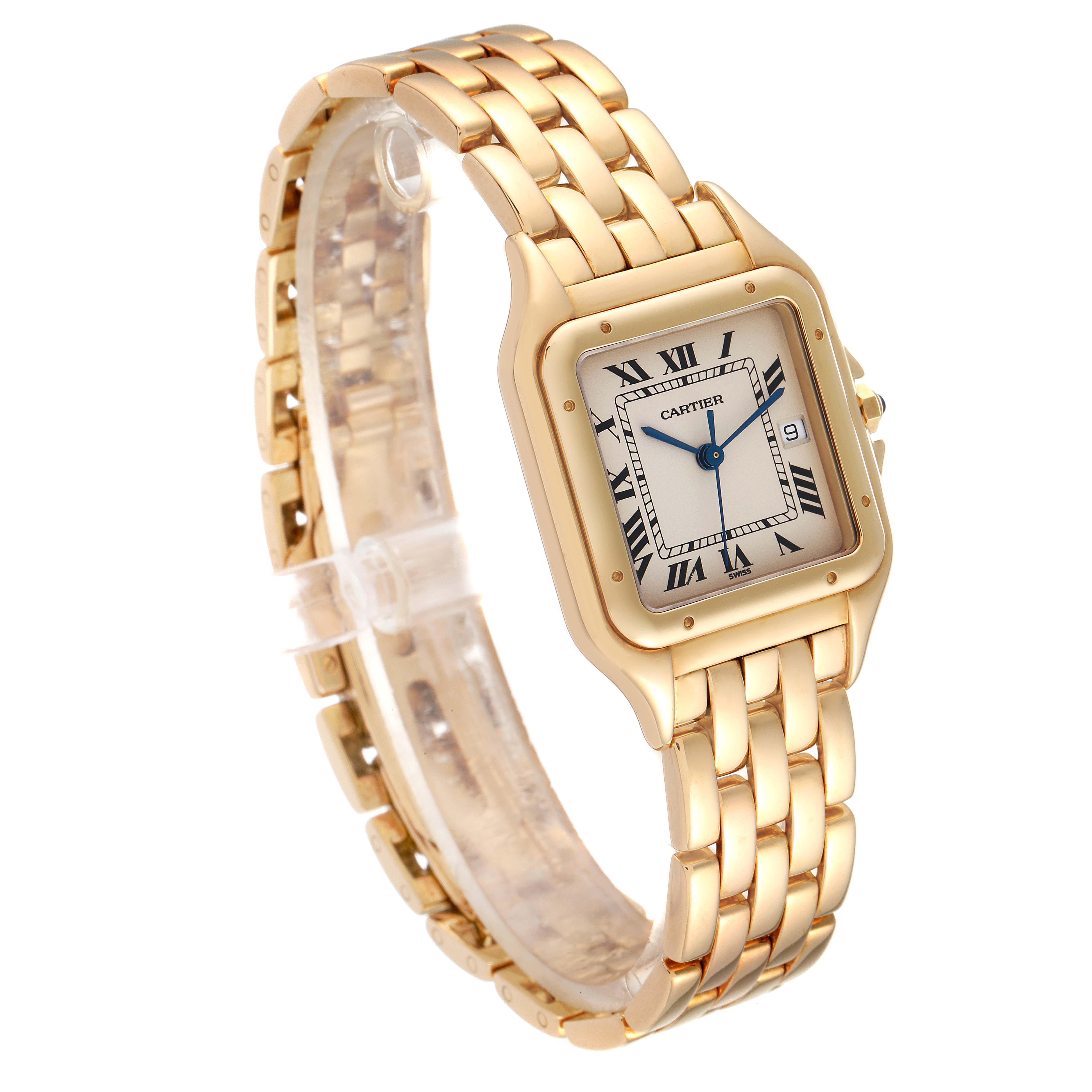 The image shows a gold Panthere model watch by Cartier, angled to display the face, bezel, and bracelet.