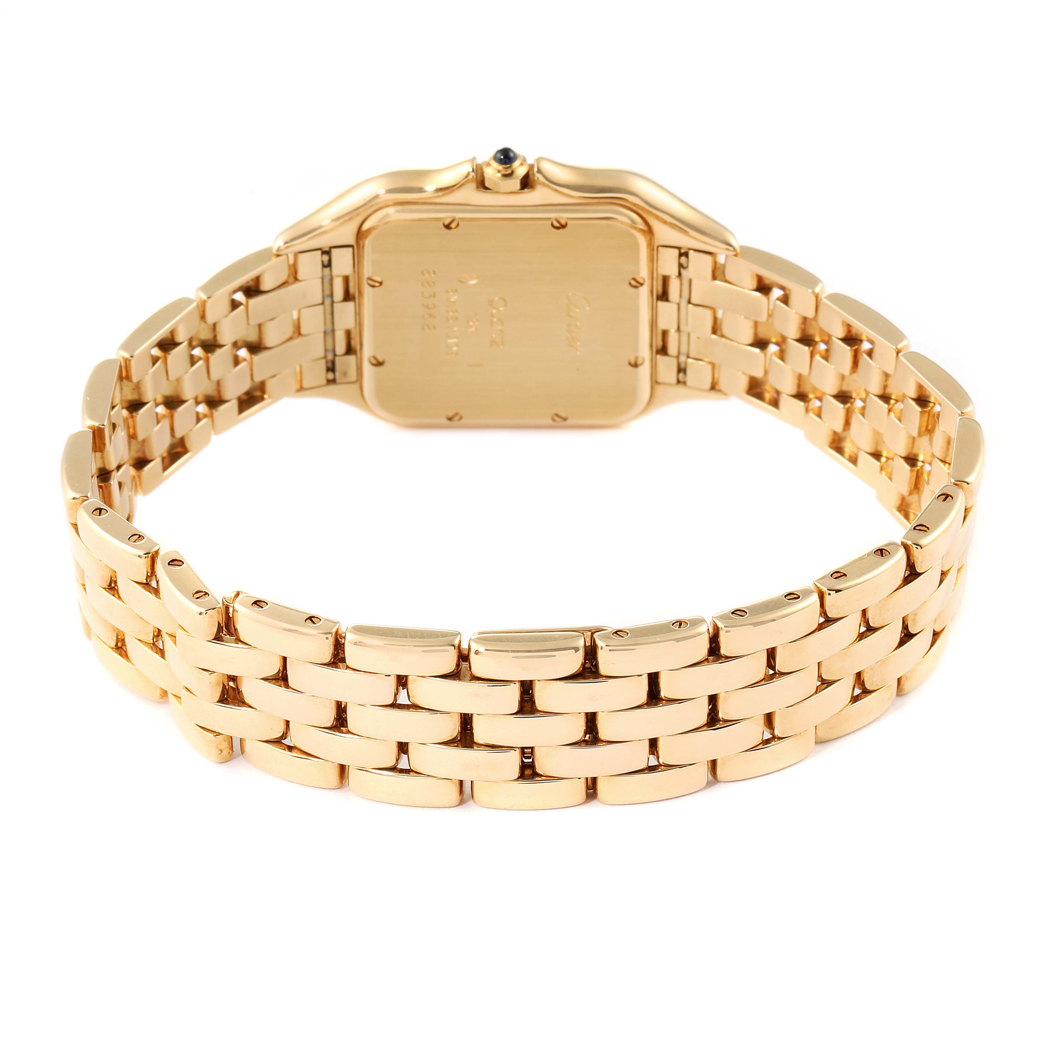 This image shows the back view of the Panthère de Cartier watch, highlighting its gold case and bracelet.
