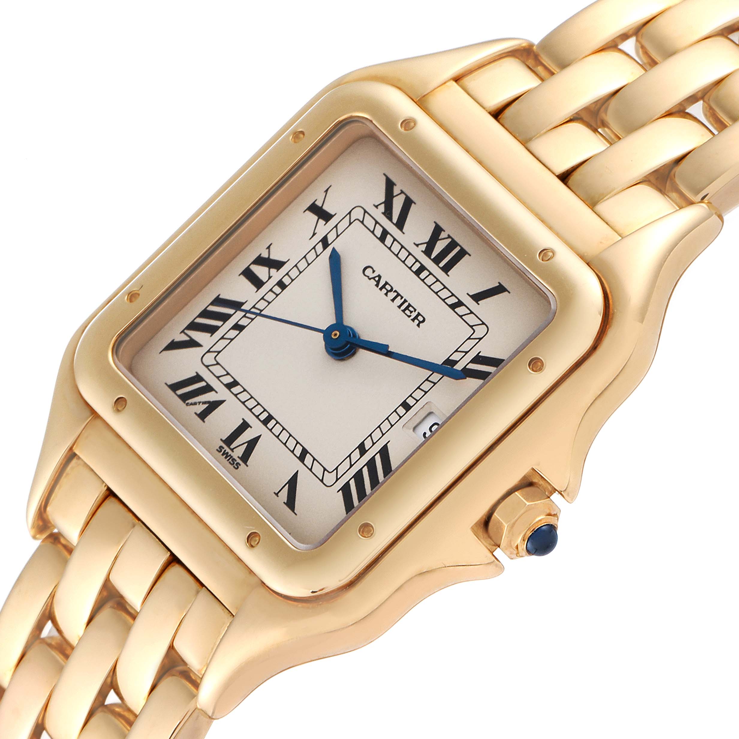 This image shows a close-up of a Cartier Panthere W25014B9 Men's Yellow Gold Silver Dial W25014B9 Men's Yellow Gold Silver Dial watch, focusing on its dial, bezel, and part of the bracelet from a slightly angled view.