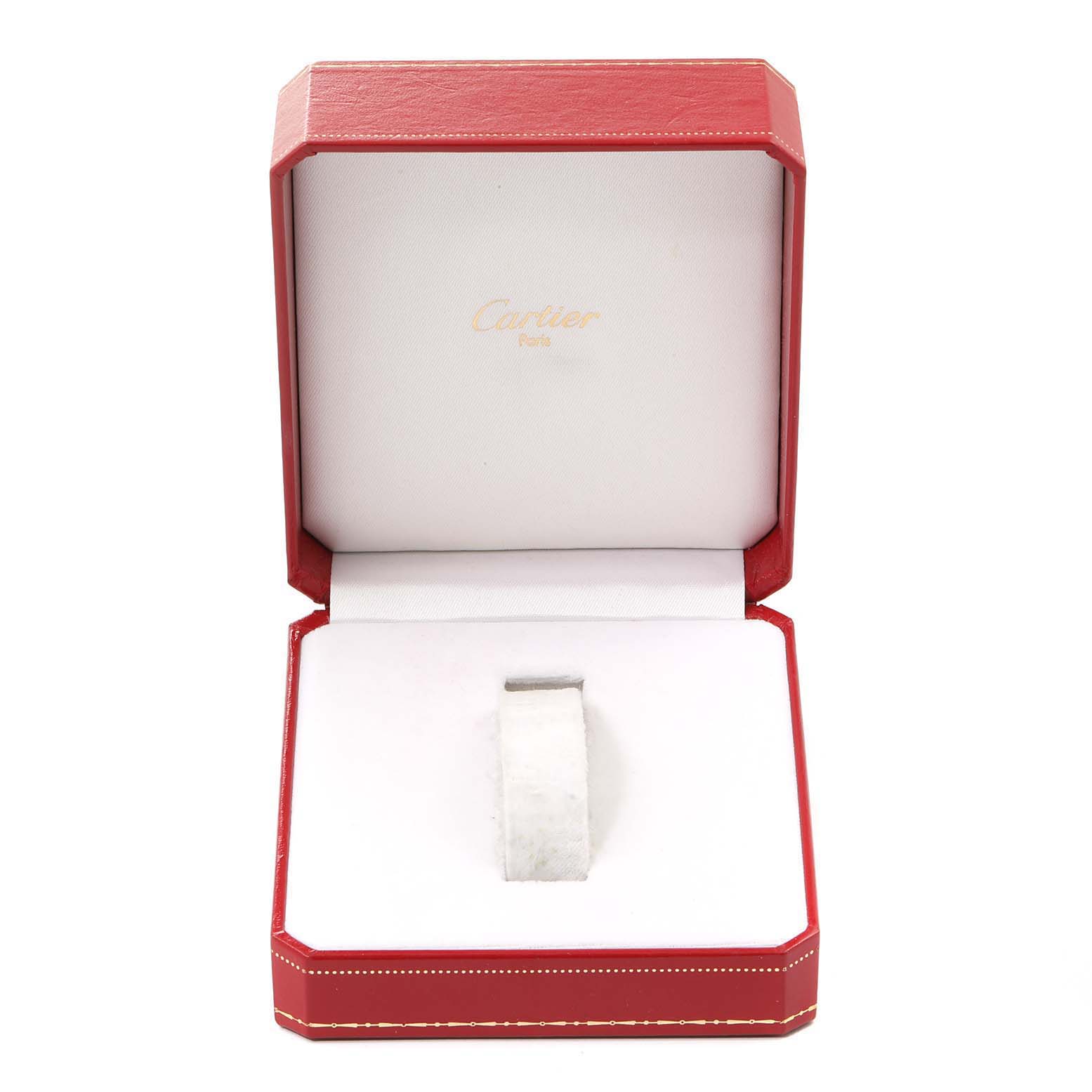 The image shows an open red and white Cartier watch box for a Panthere model, viewed from the front.