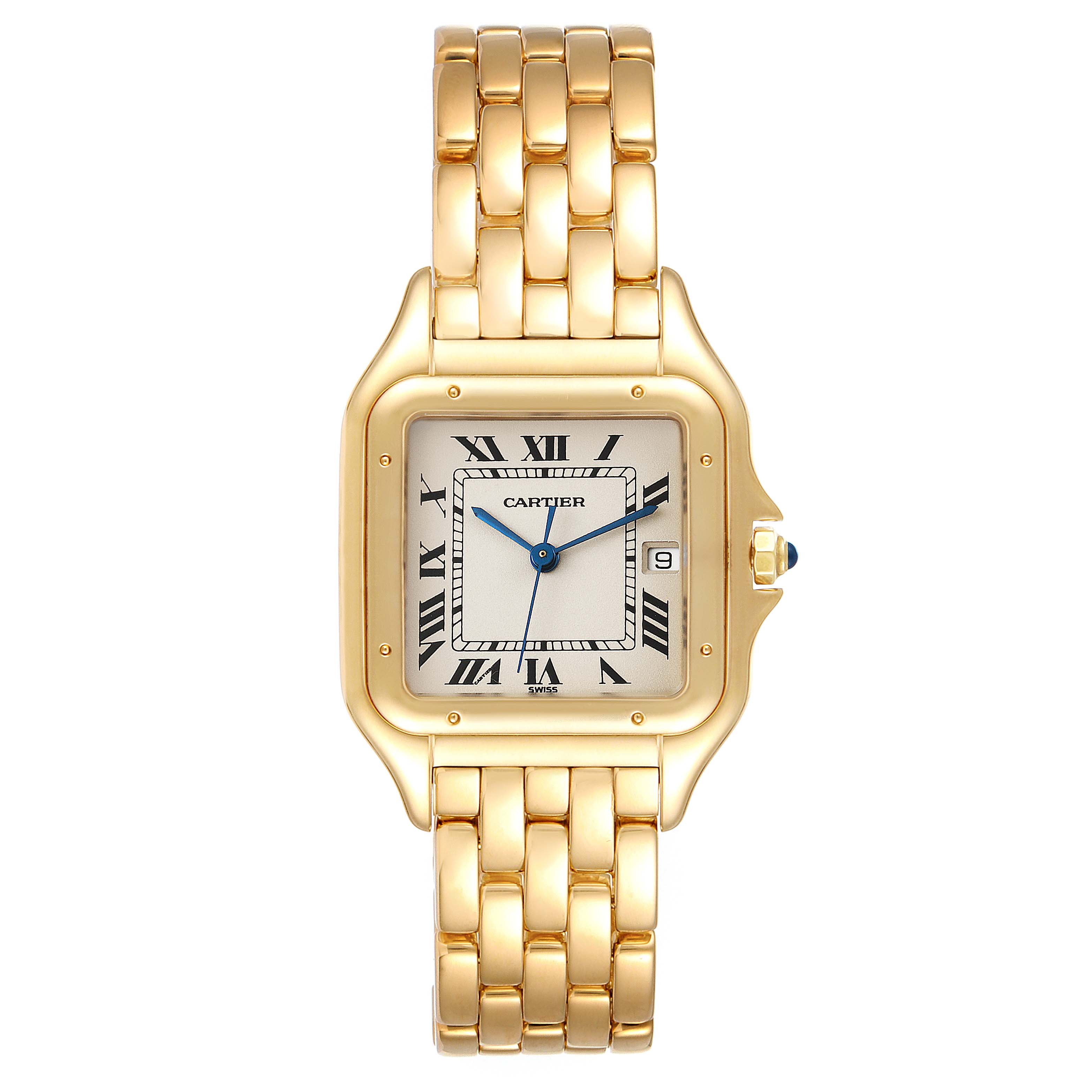 The image shows a straight-on, full view of the Panthere model by Cartier, highlighting its gold bracelet, square case, and dial.