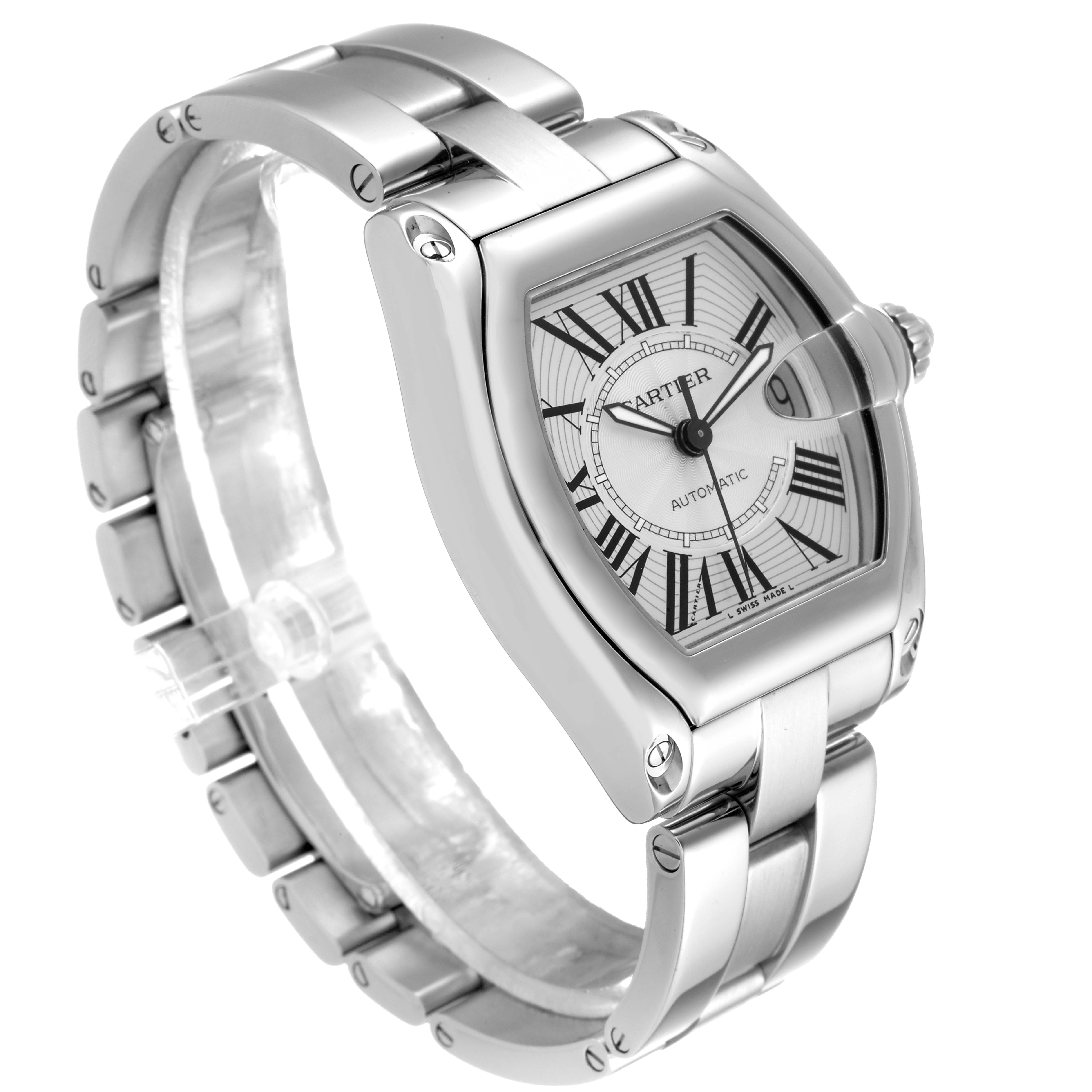 The Cartier Roadster W62025V3 Men
s Stainless Steel Silver Dial W62025V3 Men
s Stainless Steel Silver Dial watch is shown at an angle highlighting the face, casing, and full bracelet.