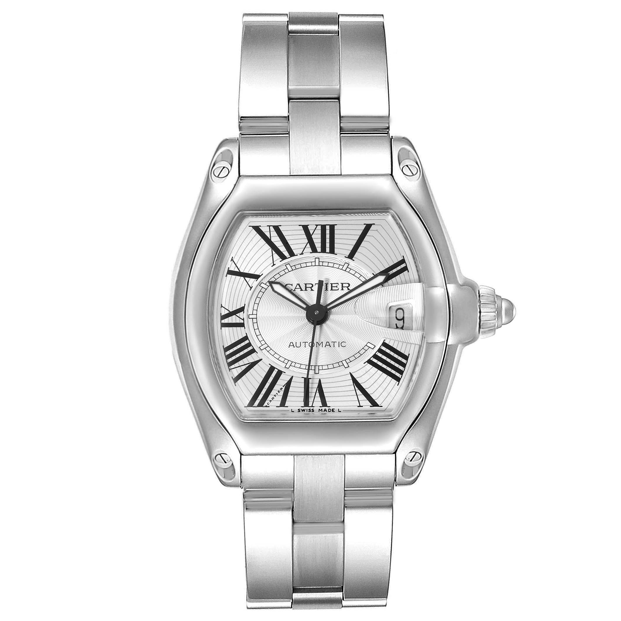 The Cartier Roadster W62025V3 Men
s Stainless Steel Silver Dial W62025V3 Men
s Stainless Steel Silver Dial watch is shown from a front view, displaying its face, bracelet, and crown.