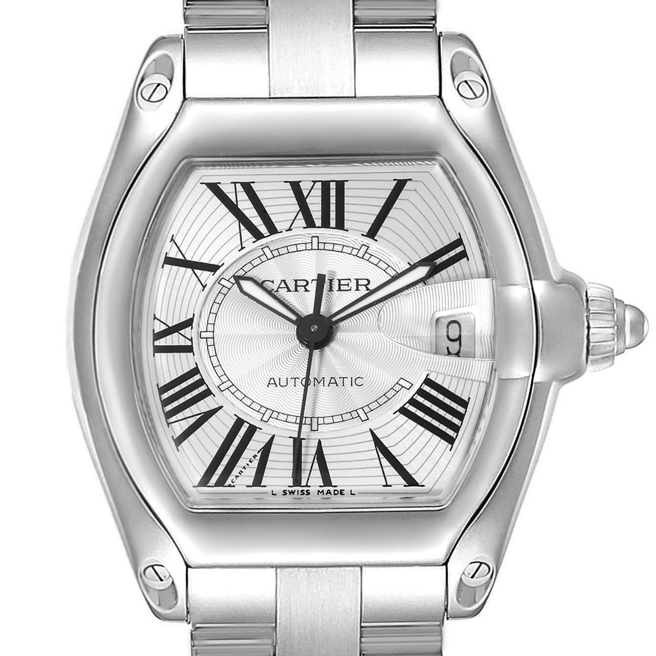 This image shows a close-up of the Cartier Roadster W62025V3 Men
s Stainless Steel Silver Dial W62025V3 Men
s Stainless Steel Silver Dial watch face and its metal strap.