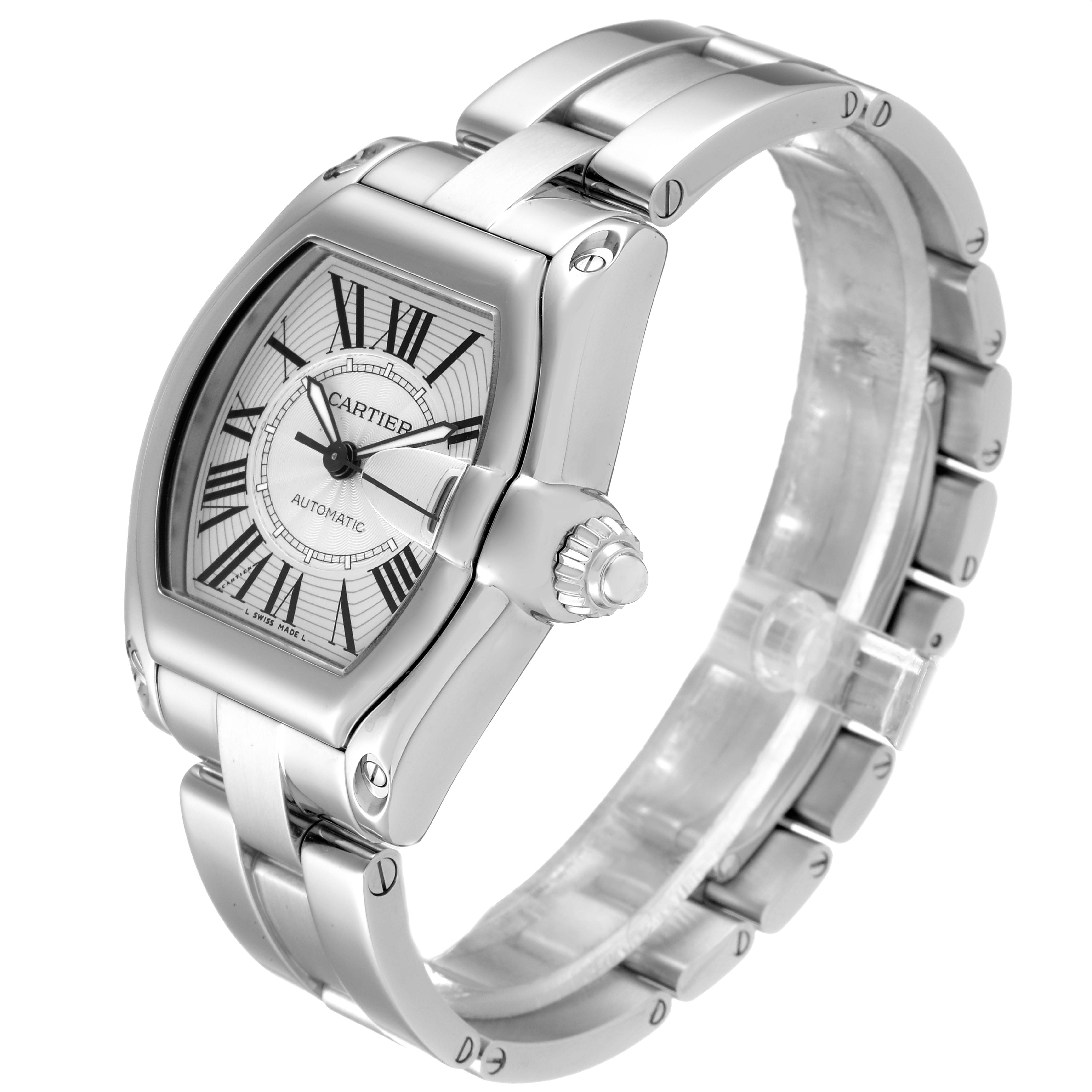 The image shows a Cartier Roadster W62025V3 Men
s Stainless Steel Silver Dial W62025V3 Men
s Stainless Steel Silver Dial watch angled to display its face, band, and crown.