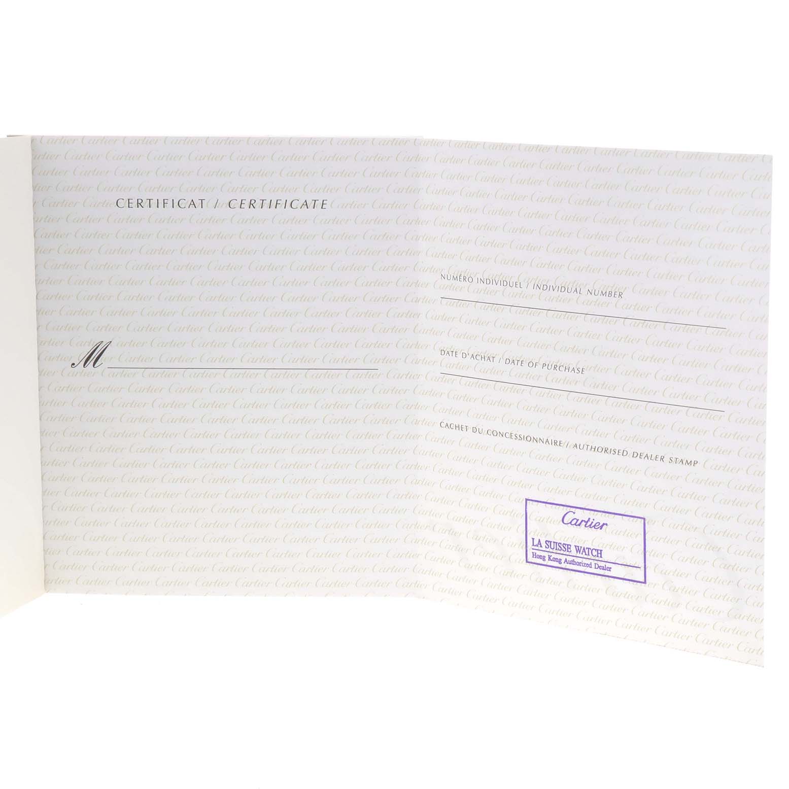 The image shows the warranty certificate for the Cartier Roadster W62025V3 Men
s Stainless Steel Silver Dial W62025V3 Men
s Stainless Steel Silver Dial watch, featuring fields for individual number, date of purchase, and dealer stamp.