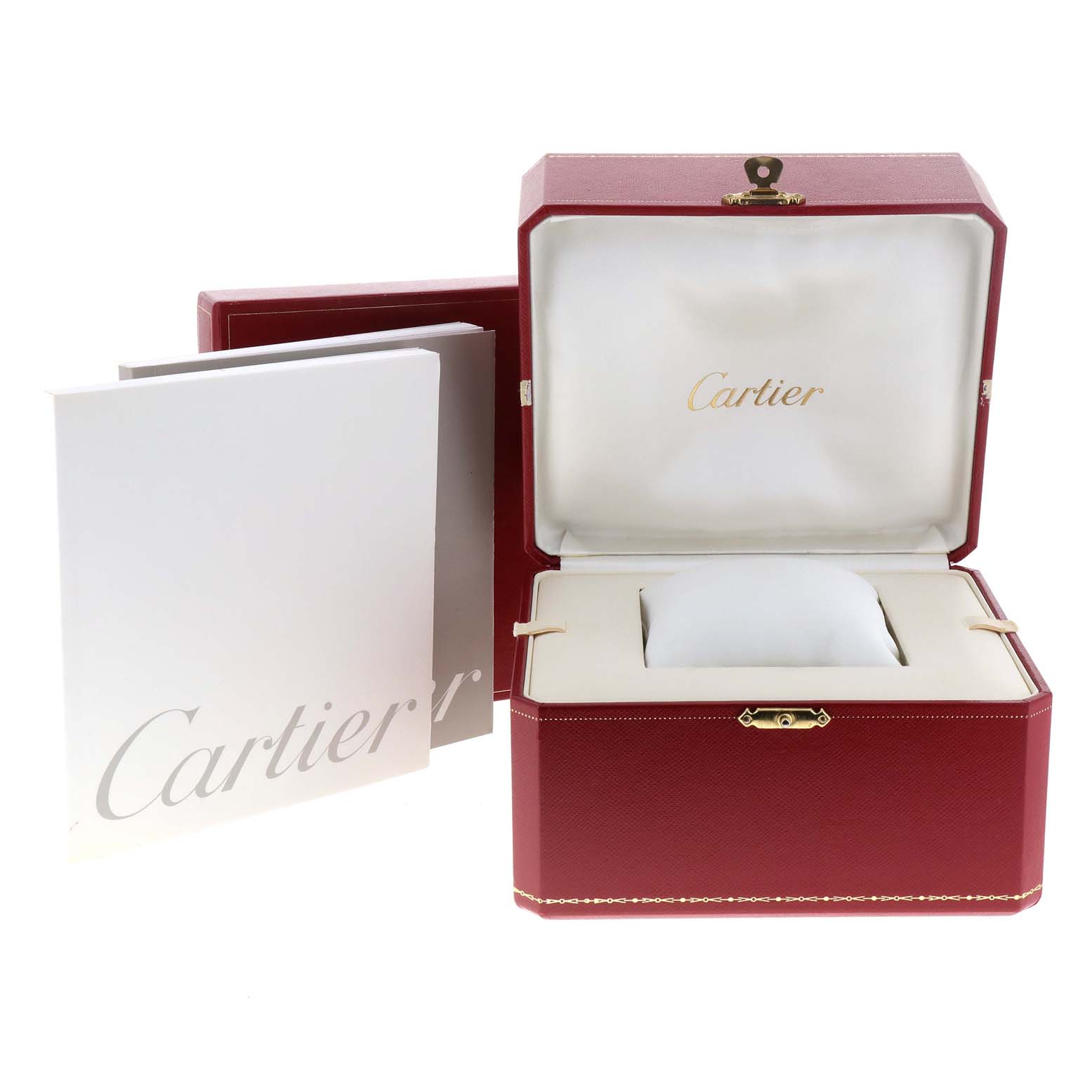 This image shows the open presentation box and packaging accessories for the Cartier Roadster W62025V3 Men
s Stainless Steel Silver Dial W62025V3 Men
s Stainless Steel Silver Dial watch.