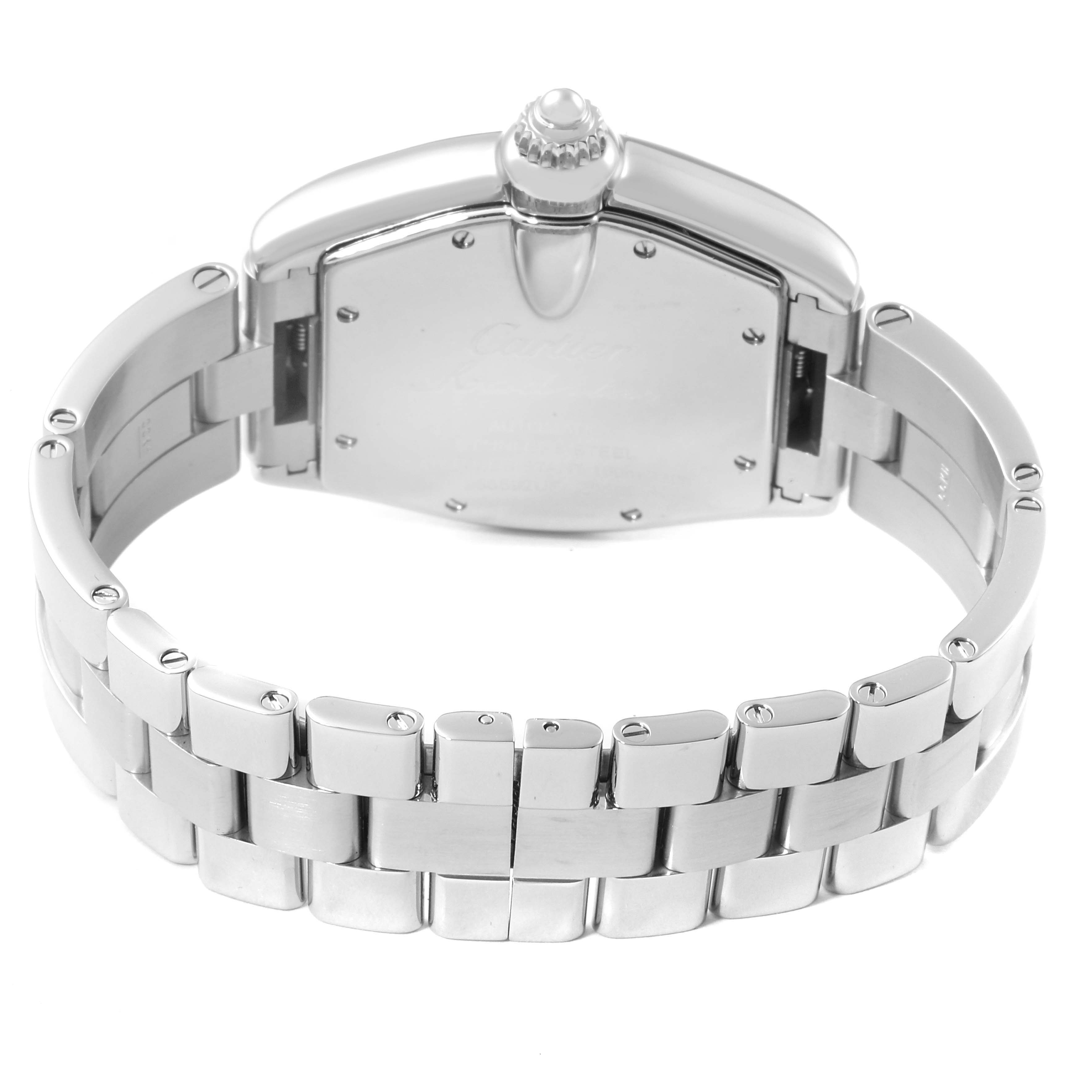 The image shows the rear side of the Cartier Roadster W62025V3 Men
s Stainless Steel Silver Dial W62025V3 Men
s Stainless Steel Silver Dial watch, focusing on the bracelet and caseback.
