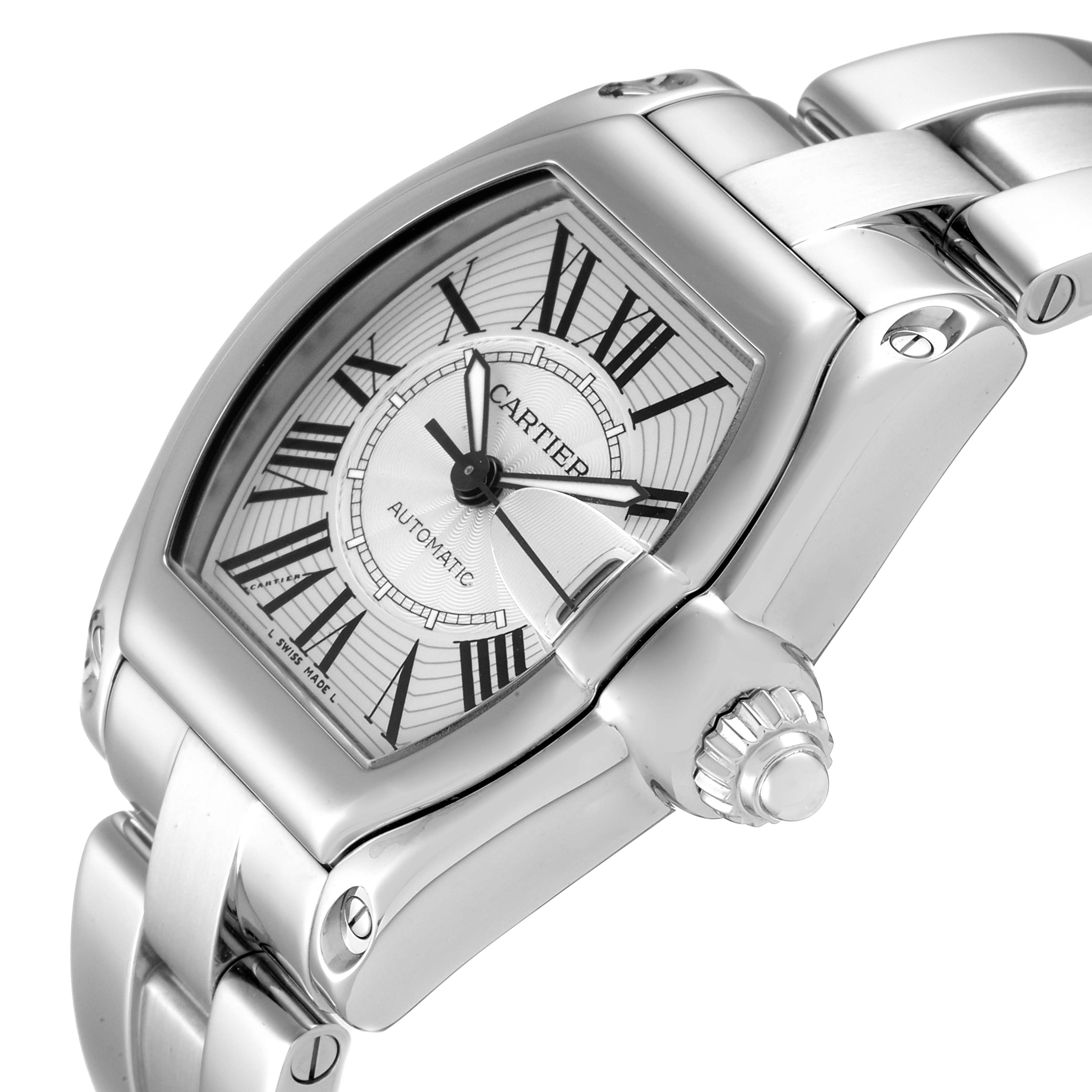 This image shows a close-up angle of the Cartier Roadster W62025V3 Men
s Stainless Steel Silver Dial W62025V3 Men
s Stainless Steel Silver Dial watch, highlighting the dial, crown, and part of the bracelet.
