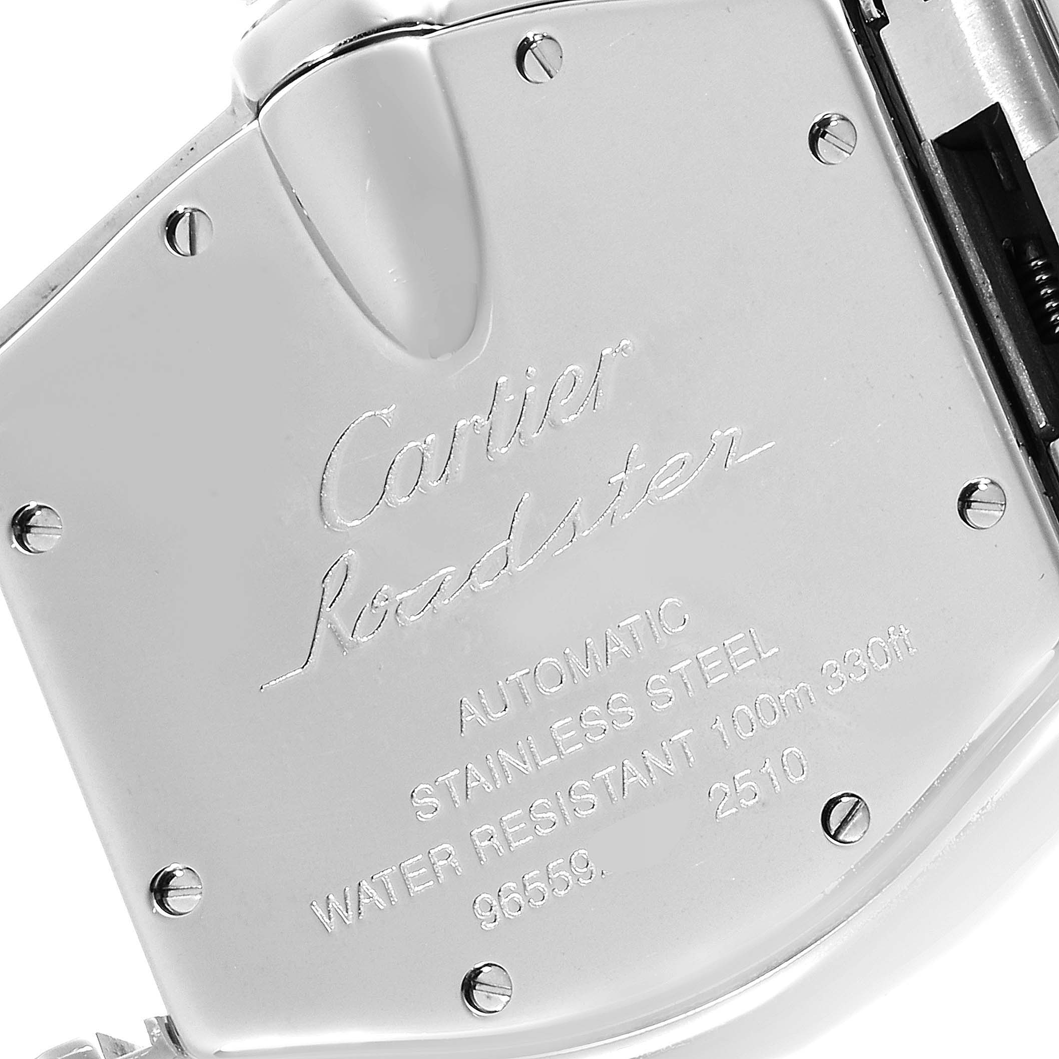 This image shows the backside of a Cartier Roadster W62025V3 Men
s Stainless Steel Silver Dial W62025V3 Men
s Stainless Steel Silver Dial watch, highlighting its engravings and water resistance details.