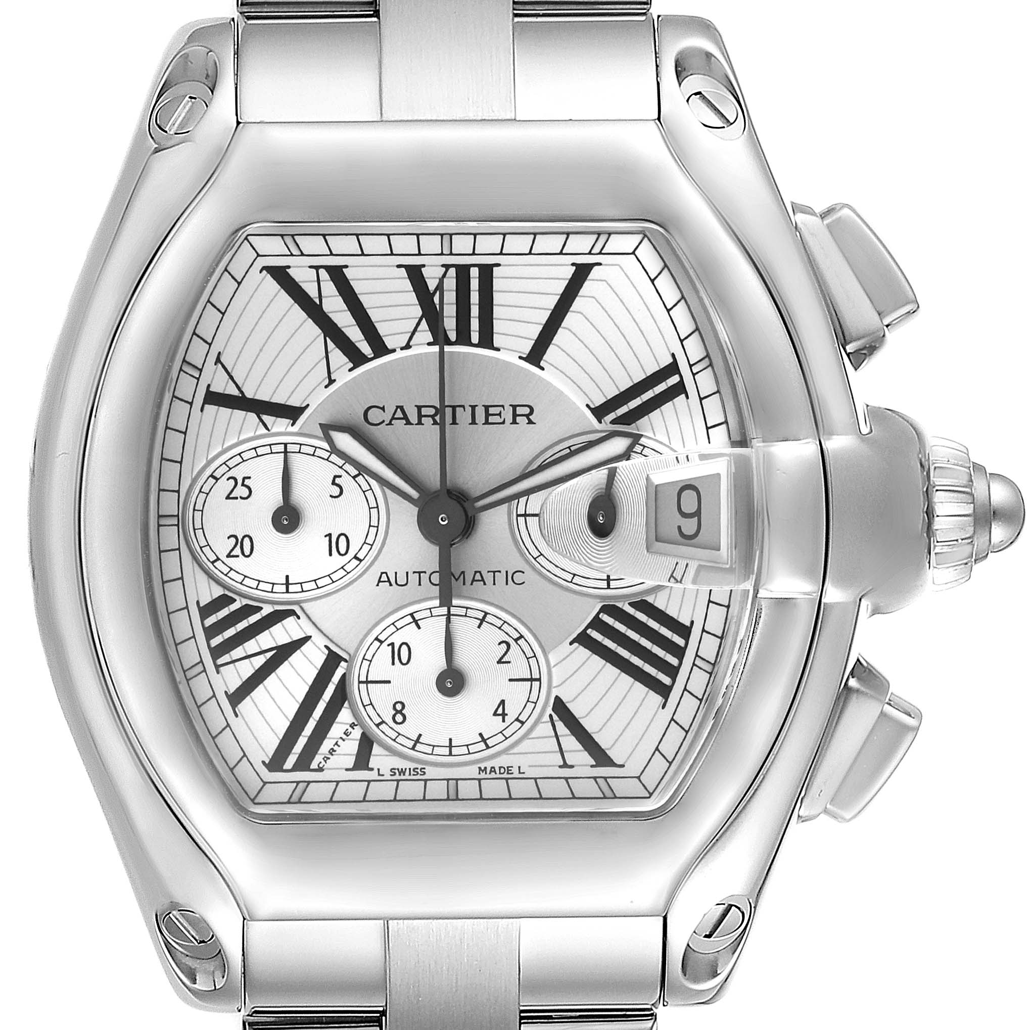 The image shows a front view of the Cartier Roadster W62019X6 Men's Stainless Steel Silver Dial W62019X6 Men's Stainless Steel Silver Dial watch, highlighting the dial, bezel, crown, and part of the bracelet.