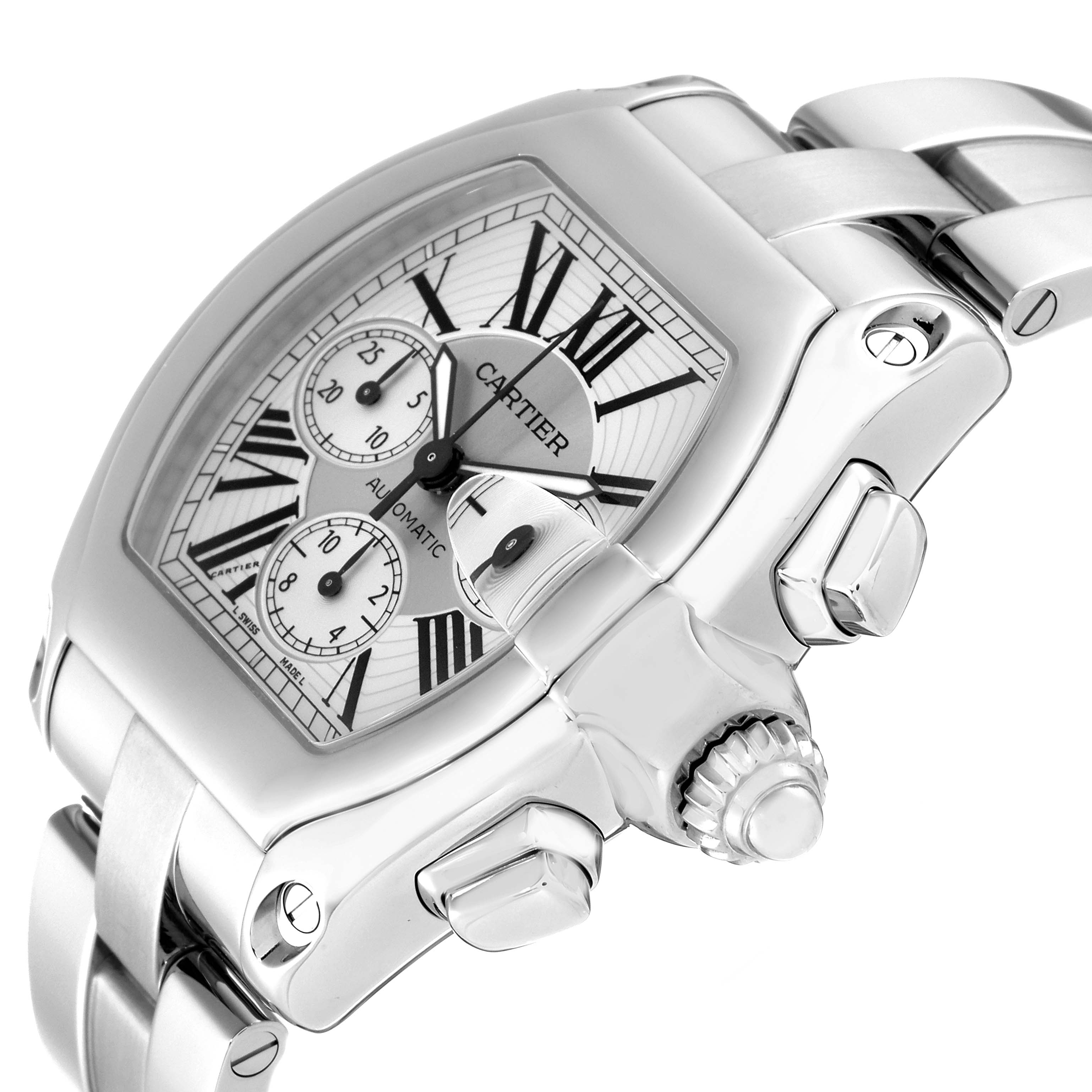 The image displays a Cartier Roadster W62019X6 Men's Stainless Steel Silver Dial W62019X6 Men's Stainless Steel Silver Dial watch at an angled view, highlighting the face, crown, pushers, and part of the metal strap.