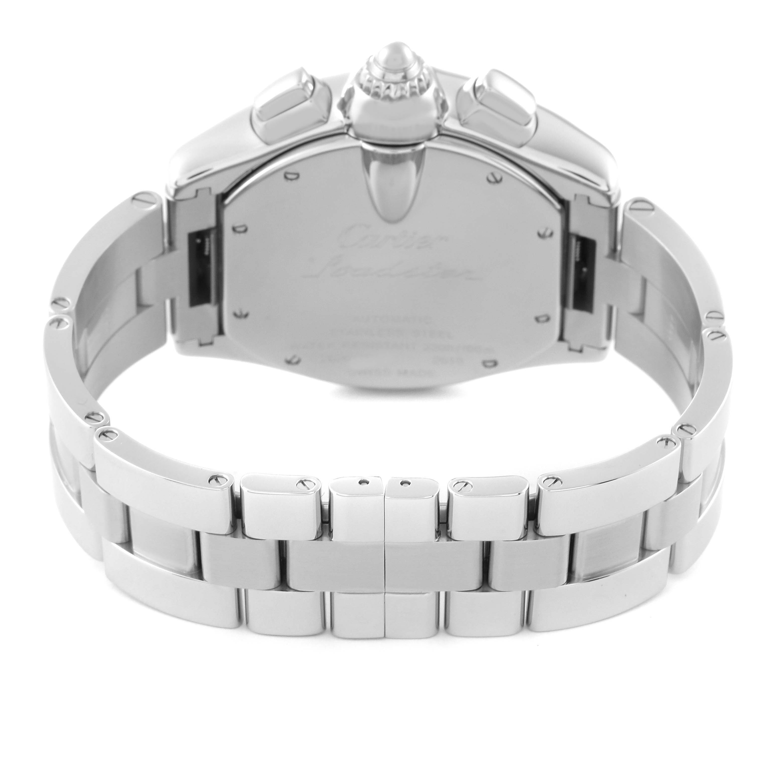 The image shows the back view of a Cartier Roadster W62019X6 Men's Stainless Steel Silver Dial W62019X6 Men's Stainless Steel Silver Dial watch, focusing on the bracelet and case back.