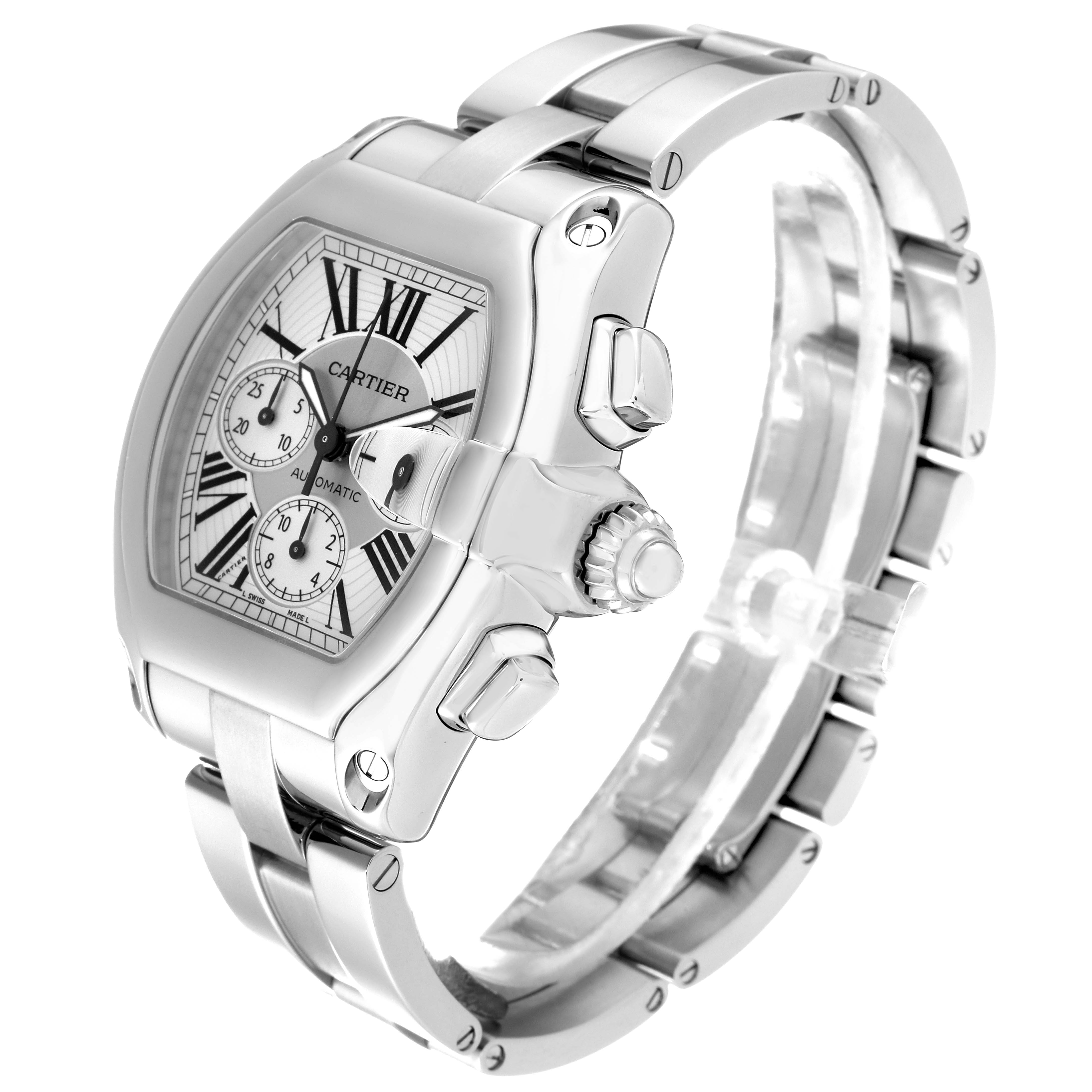 The image shows a Cartier Roadster W62019X6 Men's Stainless Steel Silver Dial W62019X6 Men's Stainless Steel Silver Dial watch at a three-quarter angle, displaying the dial, crown, and part of the bracelet.