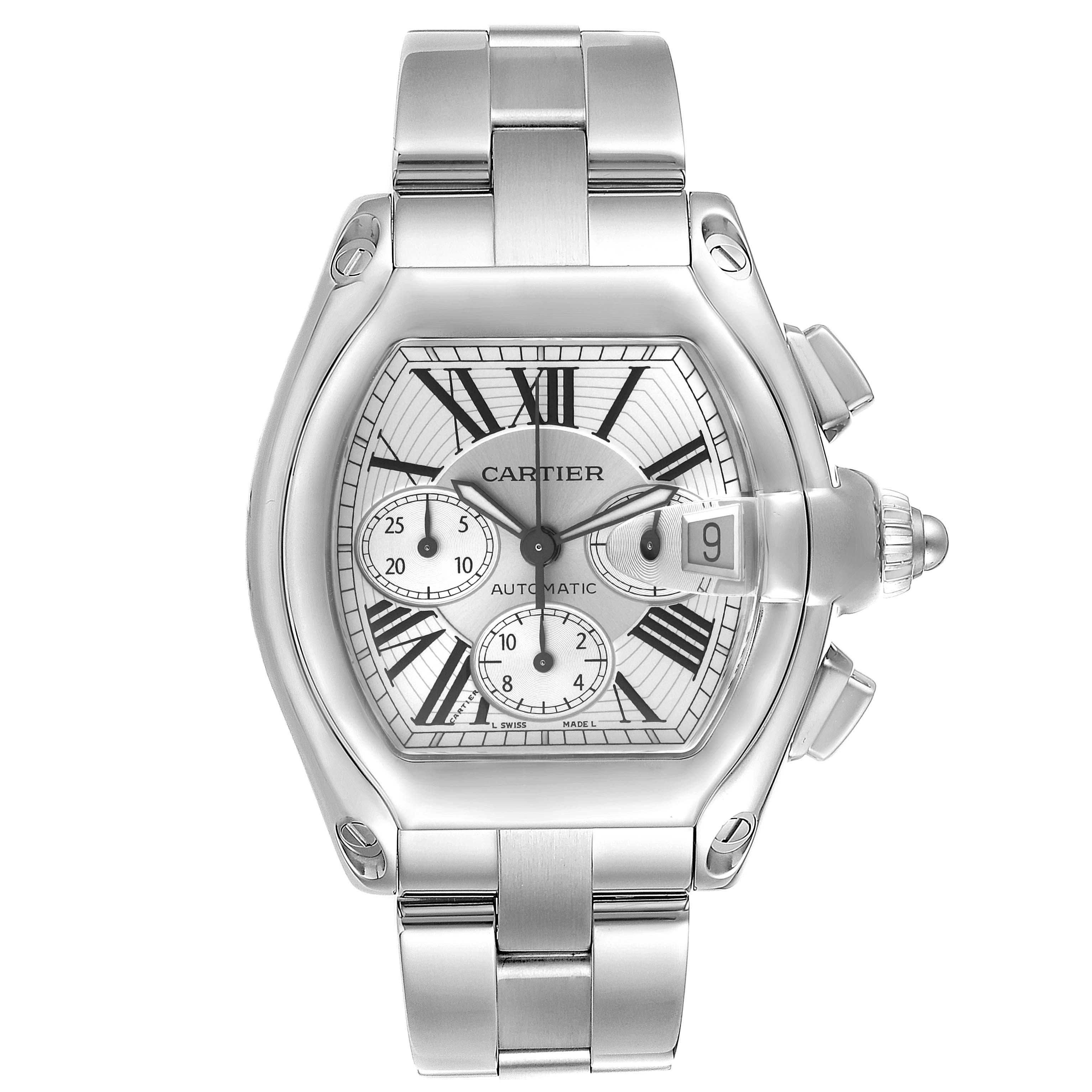 Top view of a Cartier Roadster W62019X6 Men's Stainless Steel Silver Dial W62019X6 Men's Stainless Steel Silver Dial watch showing the face, bracelet, crown, and chronograph subdials.