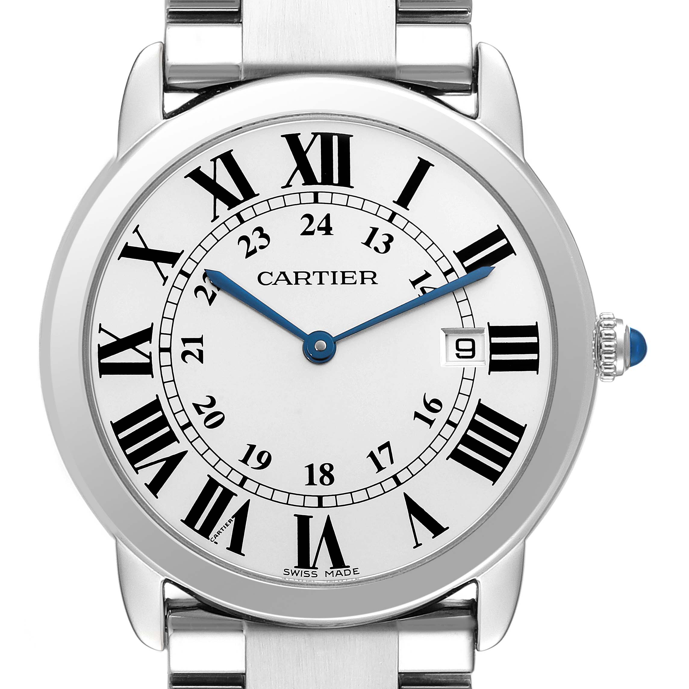 The image shows a front view of a Cartier Ronde W6701005 Men
s Stainless Steel Silver Dial W6701005 Men
s Stainless Steel Silver Dial model watch, displaying the dial, Roman numerals, hands, and part of the bracelet.