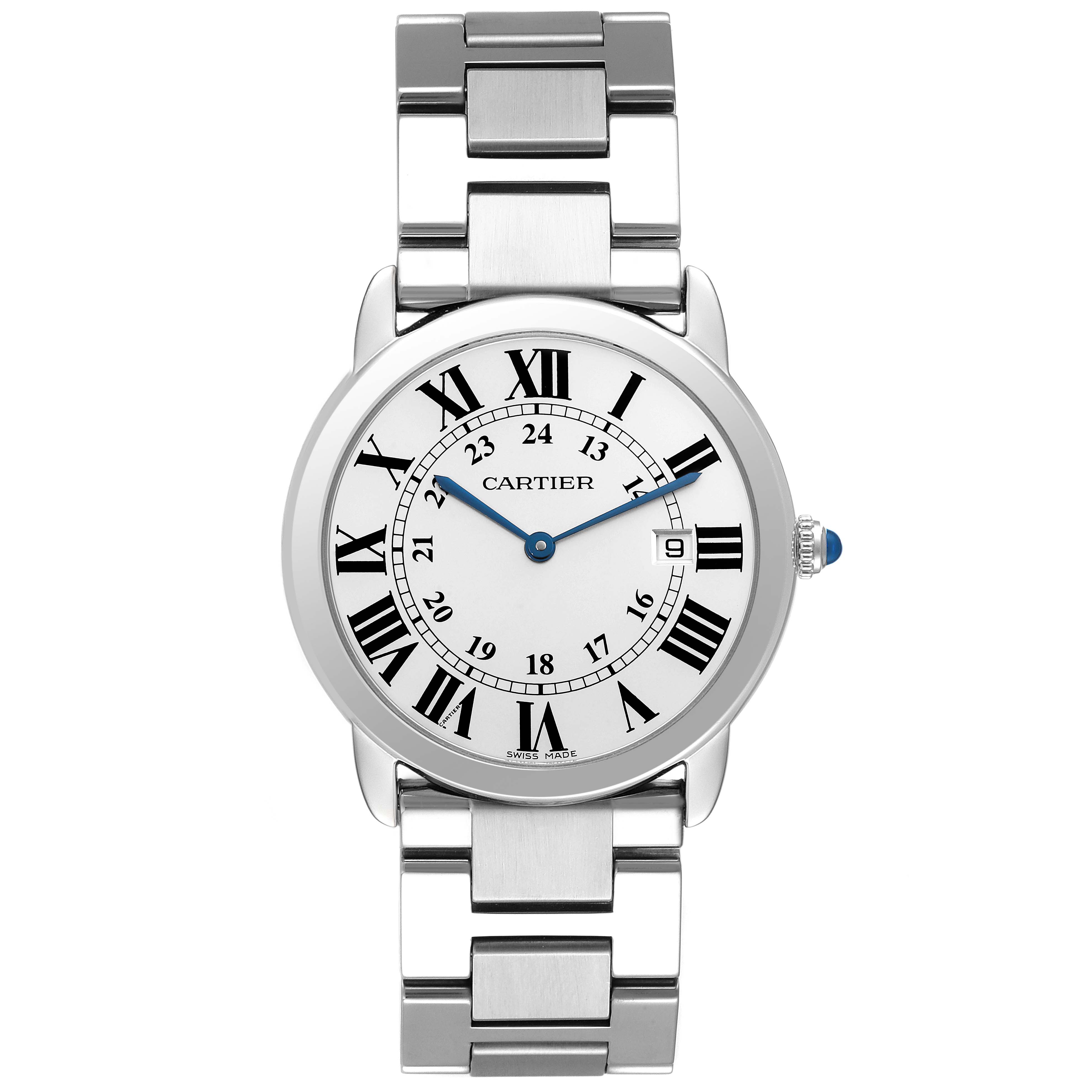 The image shows a front view of a Cartier Ronde W6701005 Men
s Stainless Steel Silver Dial W6701005 Men
s Stainless Steel Silver Dial model watch with a metal bracelet.
