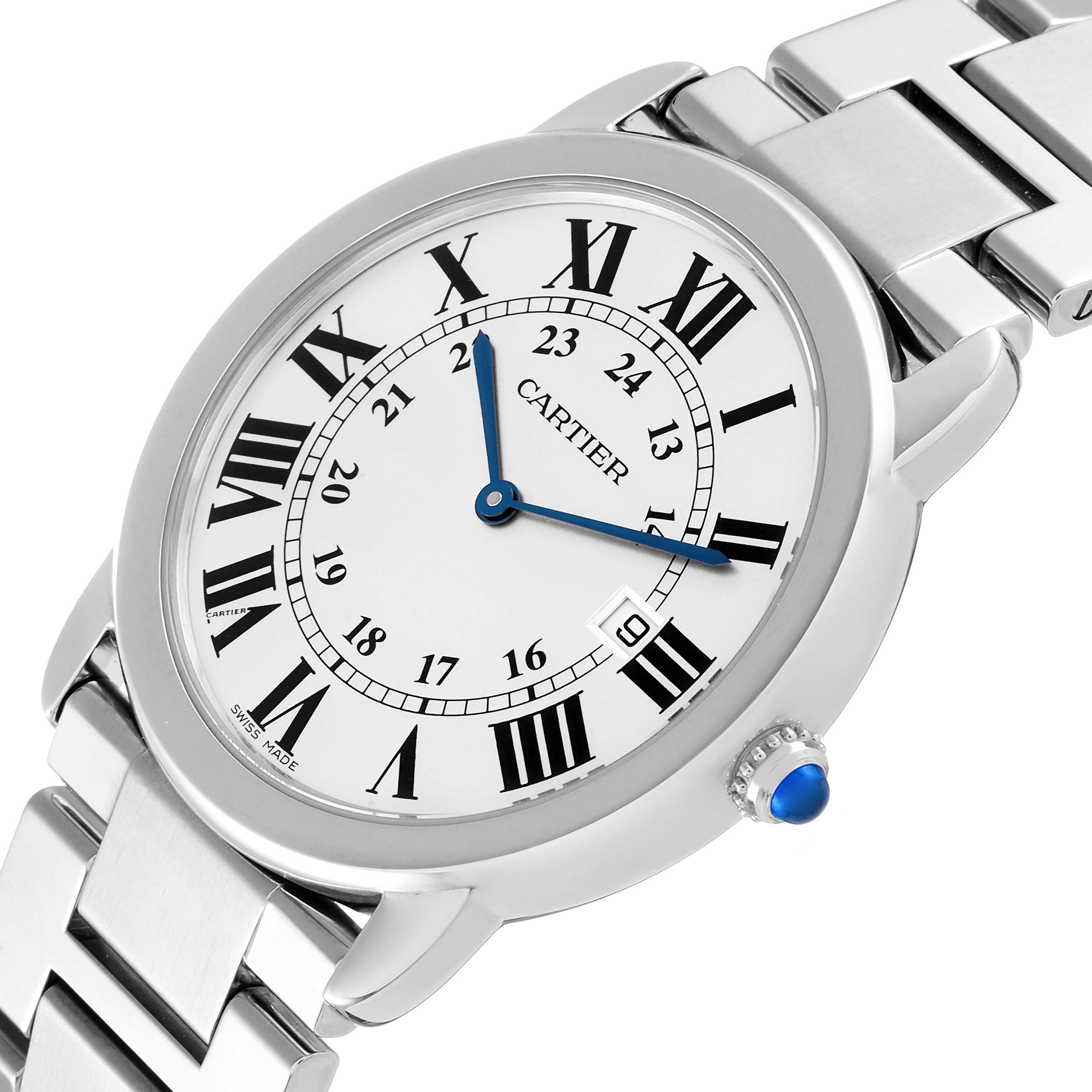 The Cartier Ronde W6701005 Men
s Stainless Steel Silver Dial W6701005 Men
s Stainless Steel Silver Dial watch is shown from a slightly tilted angle, displaying the face, bezel, crown, and part of the bracelet.