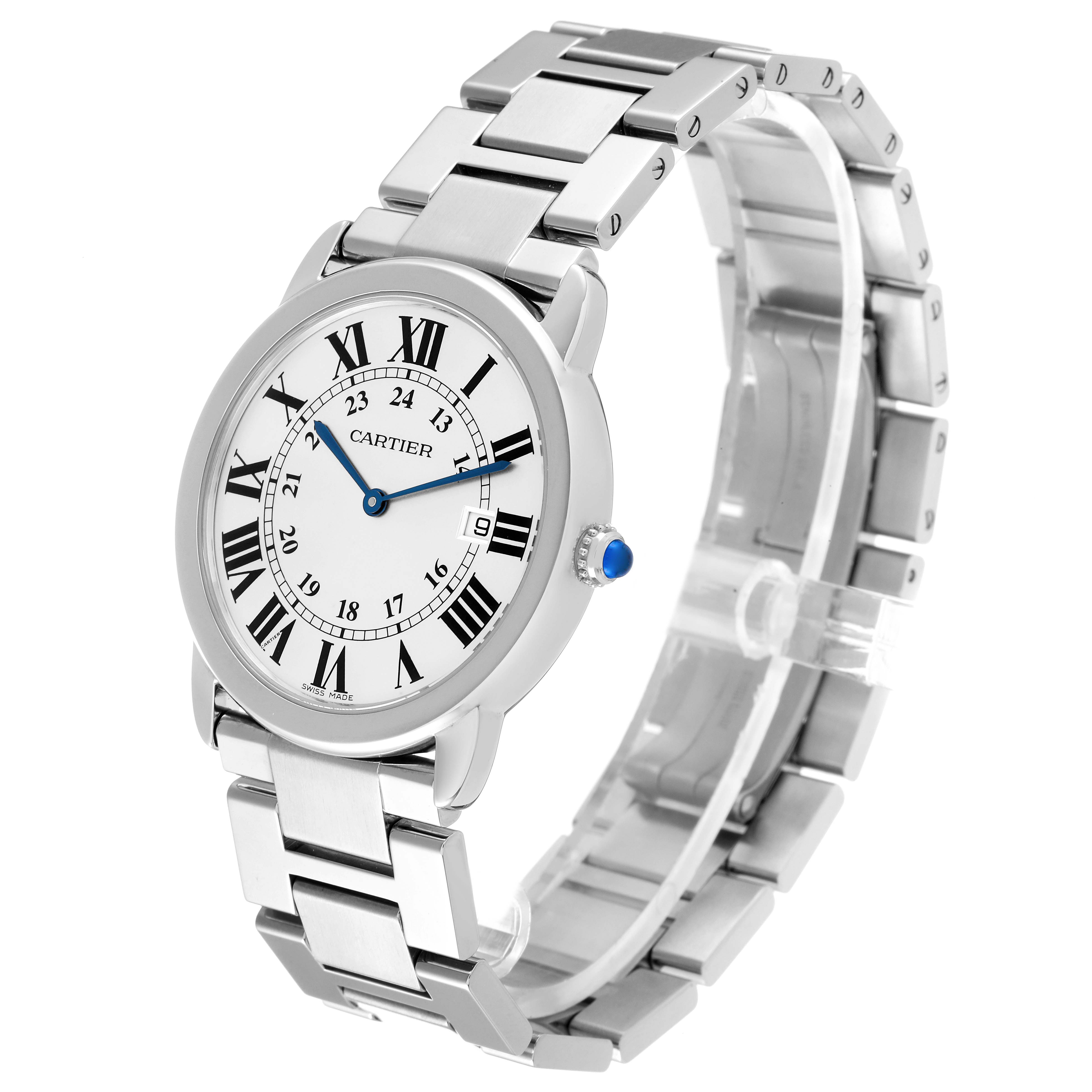 The image shows a Ronde model Cartier watch from a slightly left-angled perspective, displaying its face, bezel, and metal bracelet.