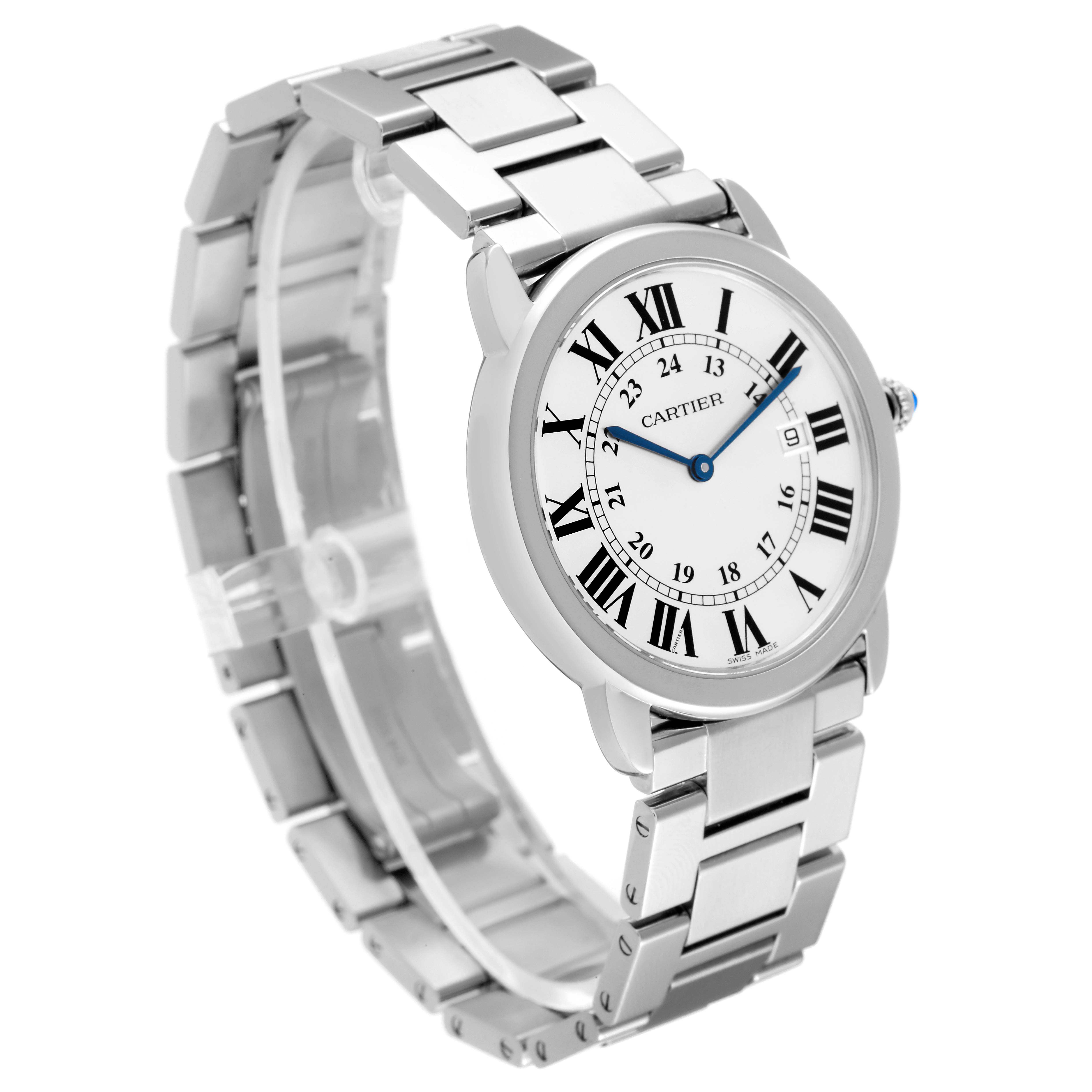 This image shows a Cartier Ronde W6701005 Men
s Stainless Steel Silver Dial W6701005 Men
s Stainless Steel Silver Dial model watch at a three-quarter angle, highlighting its face and metal bracelet.