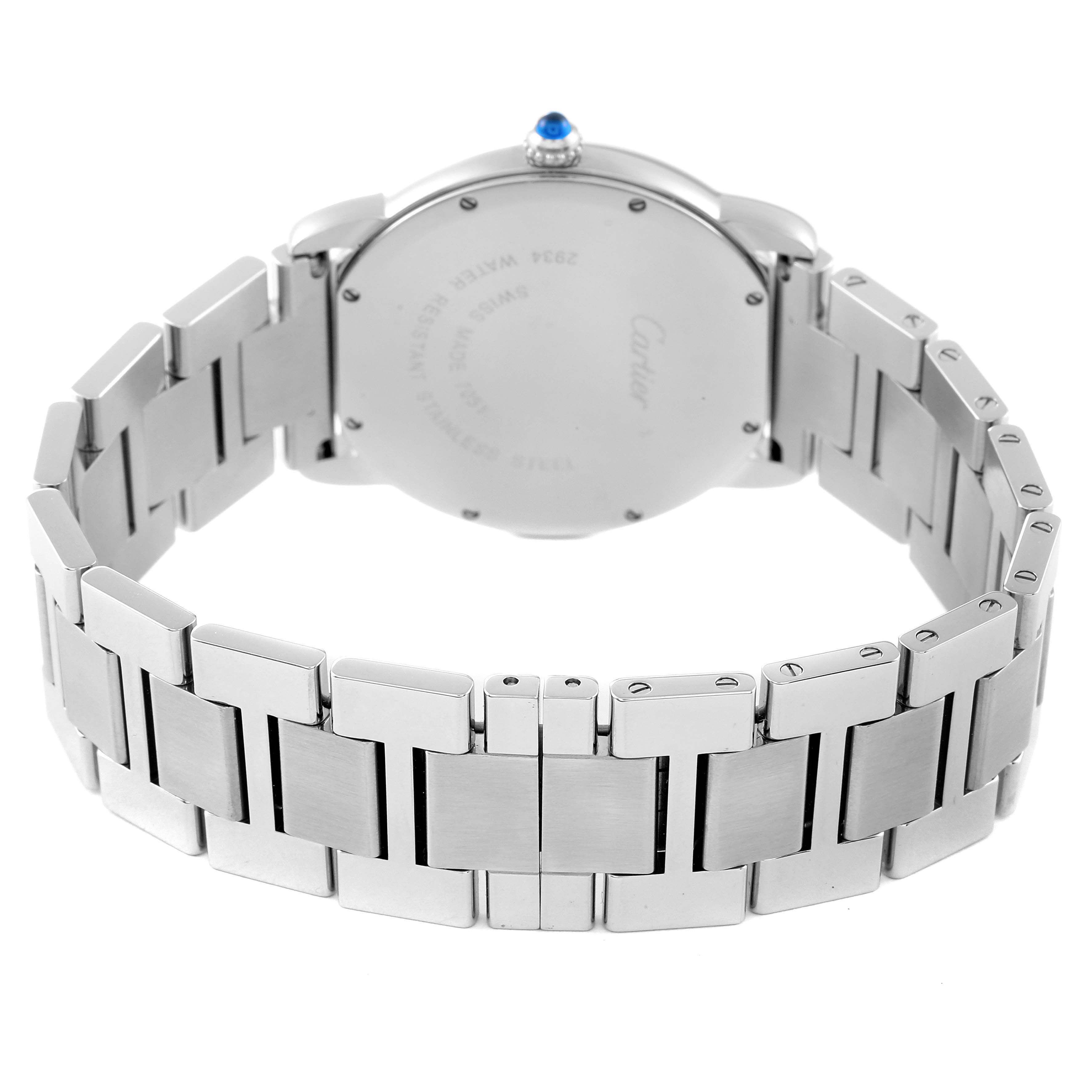 The image shows the back view of the Cartier Ronde W6701005 Men
s Stainless Steel Silver Dial W6701005 Men
s Stainless Steel Silver Dial watch, highlighting its metal bracelet and case back.